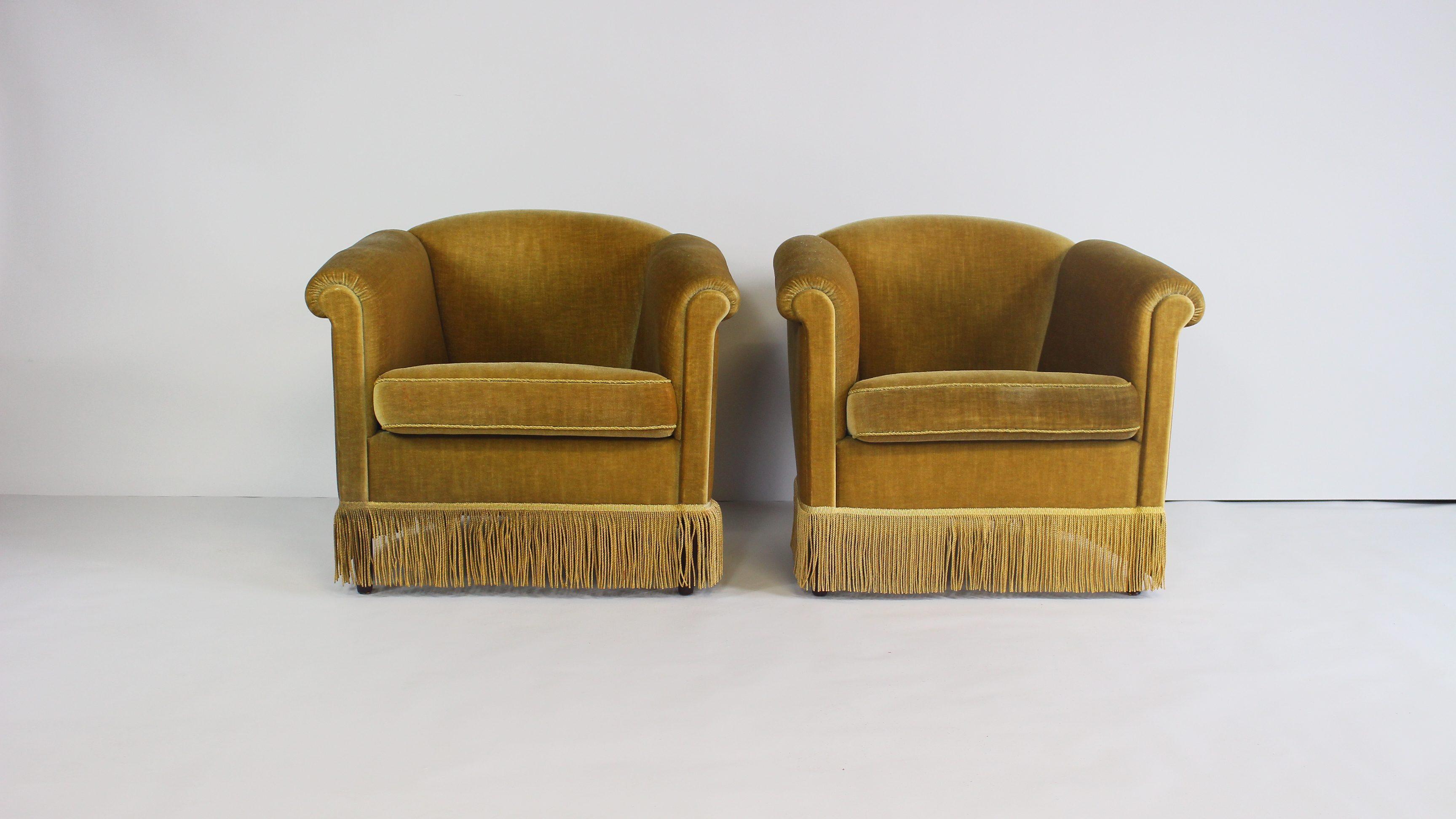 Mid-Century Modern 1940s Danish Gold Velvet Banana Chairs, Set of 2