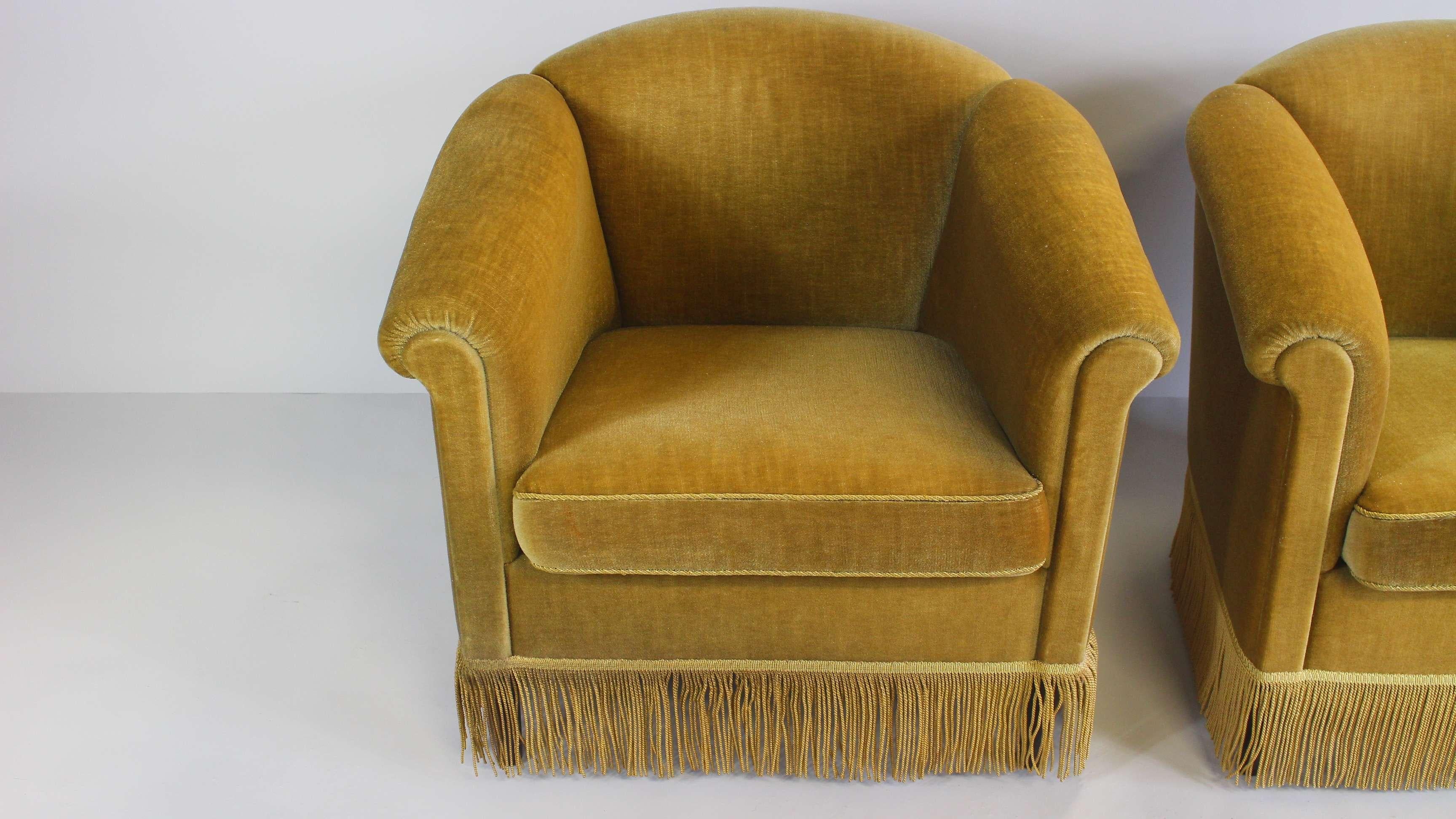 20th Century 1940s Danish Gold Velvet Banana Chairs, Set of 2