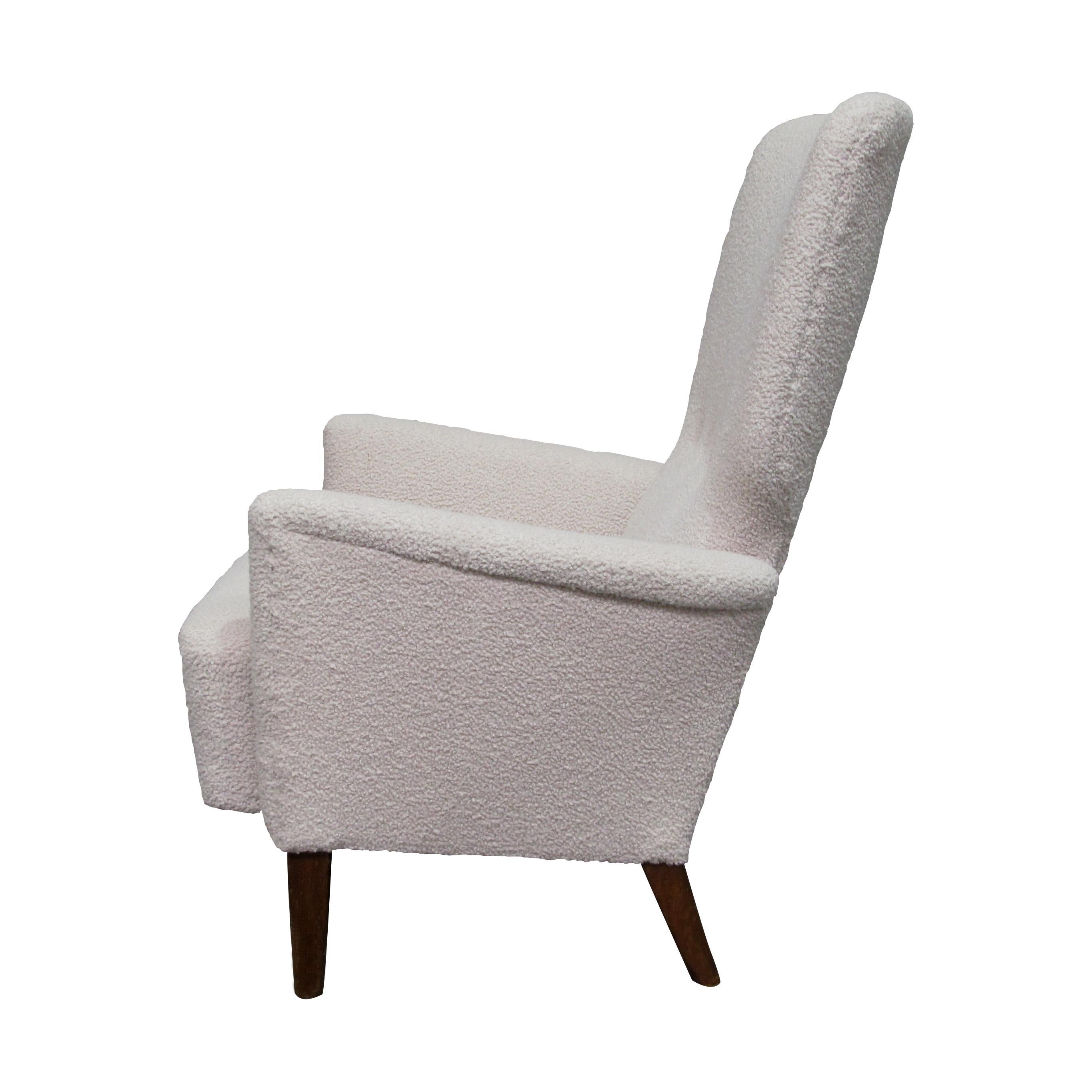 Art Deco 1940s Danish High Back Three Buttoned Lounge Chair in Cream Bouclé Fabric