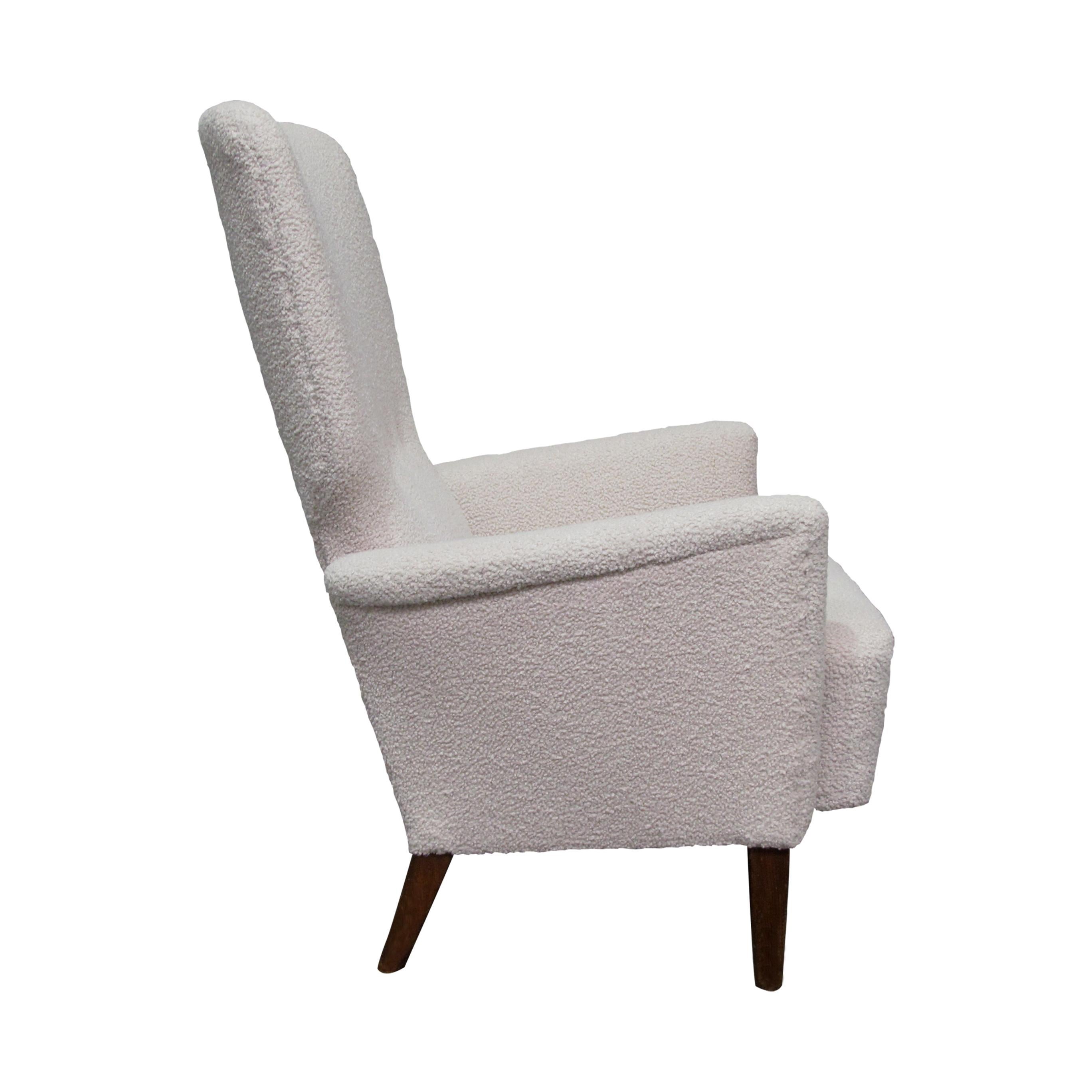 Other 1940s Danish High Back Three Buttoned Lounge Chair in Cream Bouclé Fabric