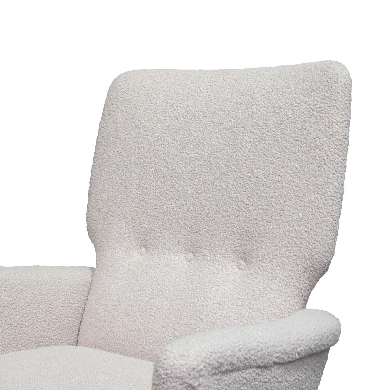 Mid-20th Century 1940s Danish High Back Three Buttoned Lounge Chair in Cream Bouclé Fabric