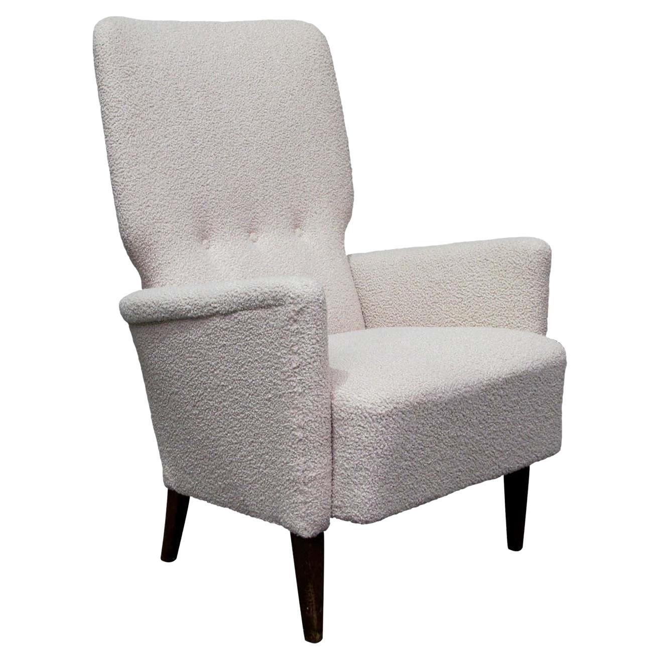 1940s Danish High Back Three Buttoned Lounge Chair in Cream Bouclé Fabric