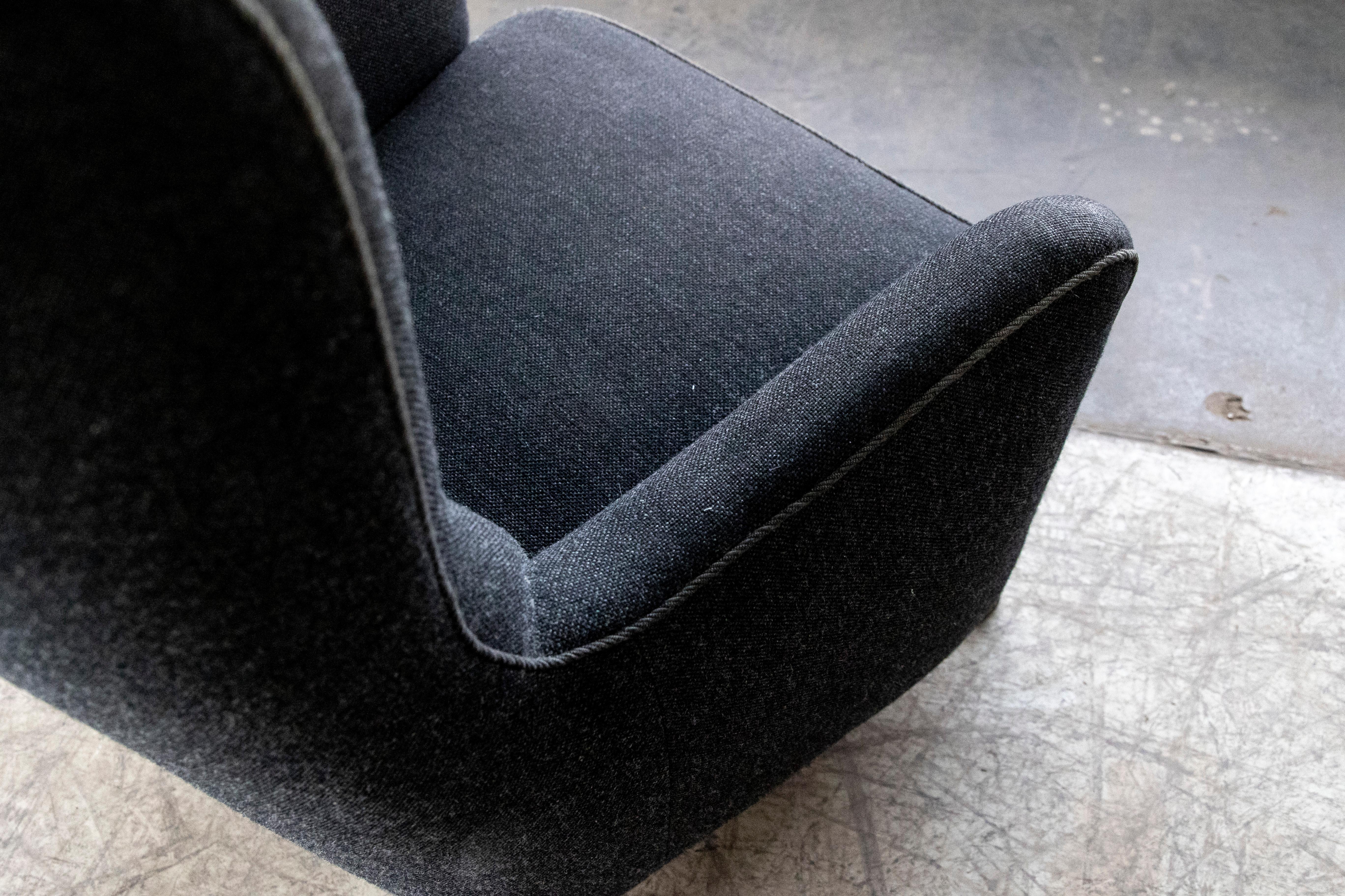 1940s Danish Highback Lounge Chair with Channels in Charcoal Wool 6