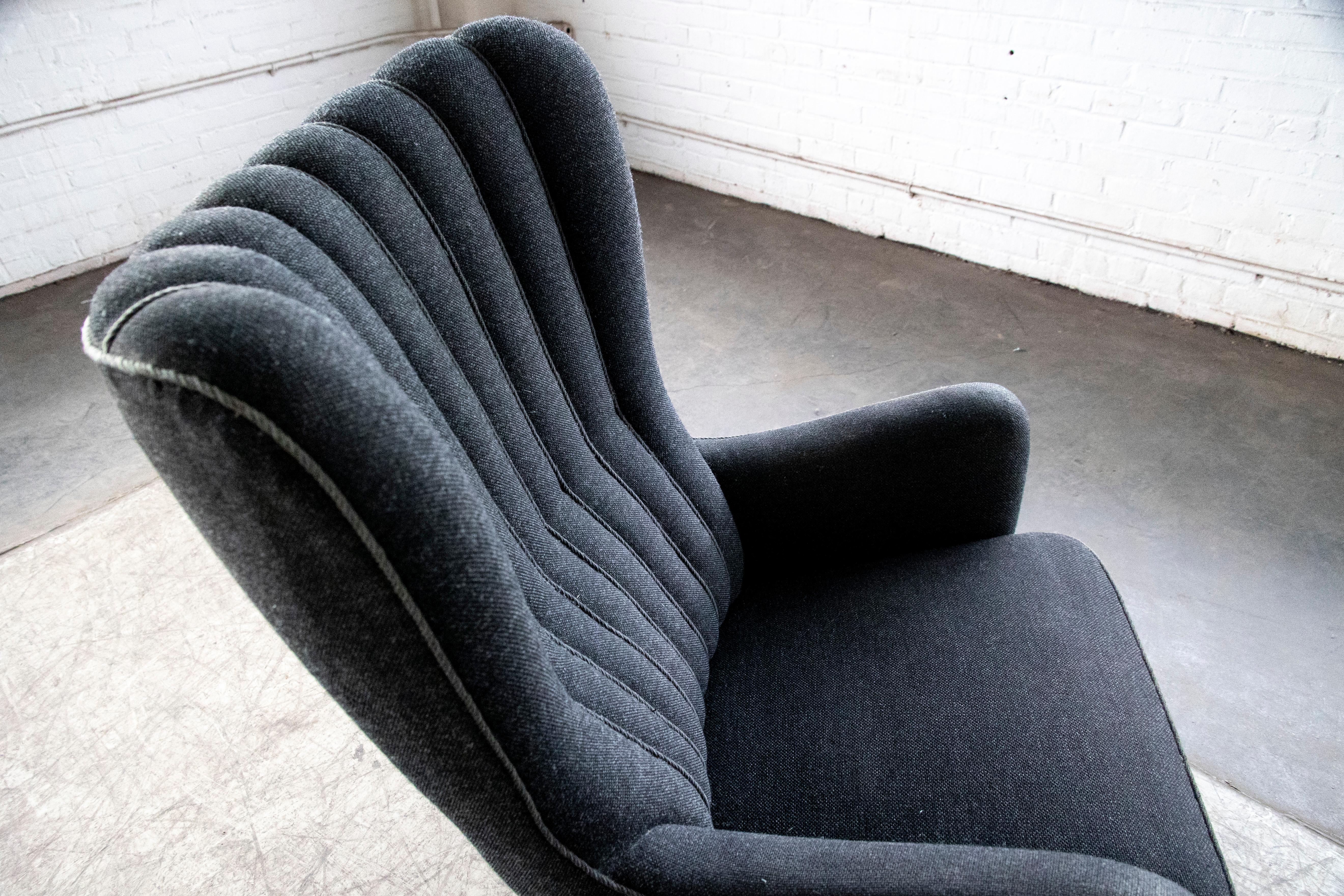 1940s Danish Highback Lounge Chair with Channels in Charcoal Wool 7