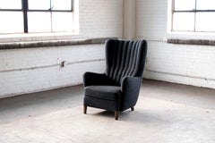 1940s Danish Highback Lounge Chair with Channels in Charcoal Wool