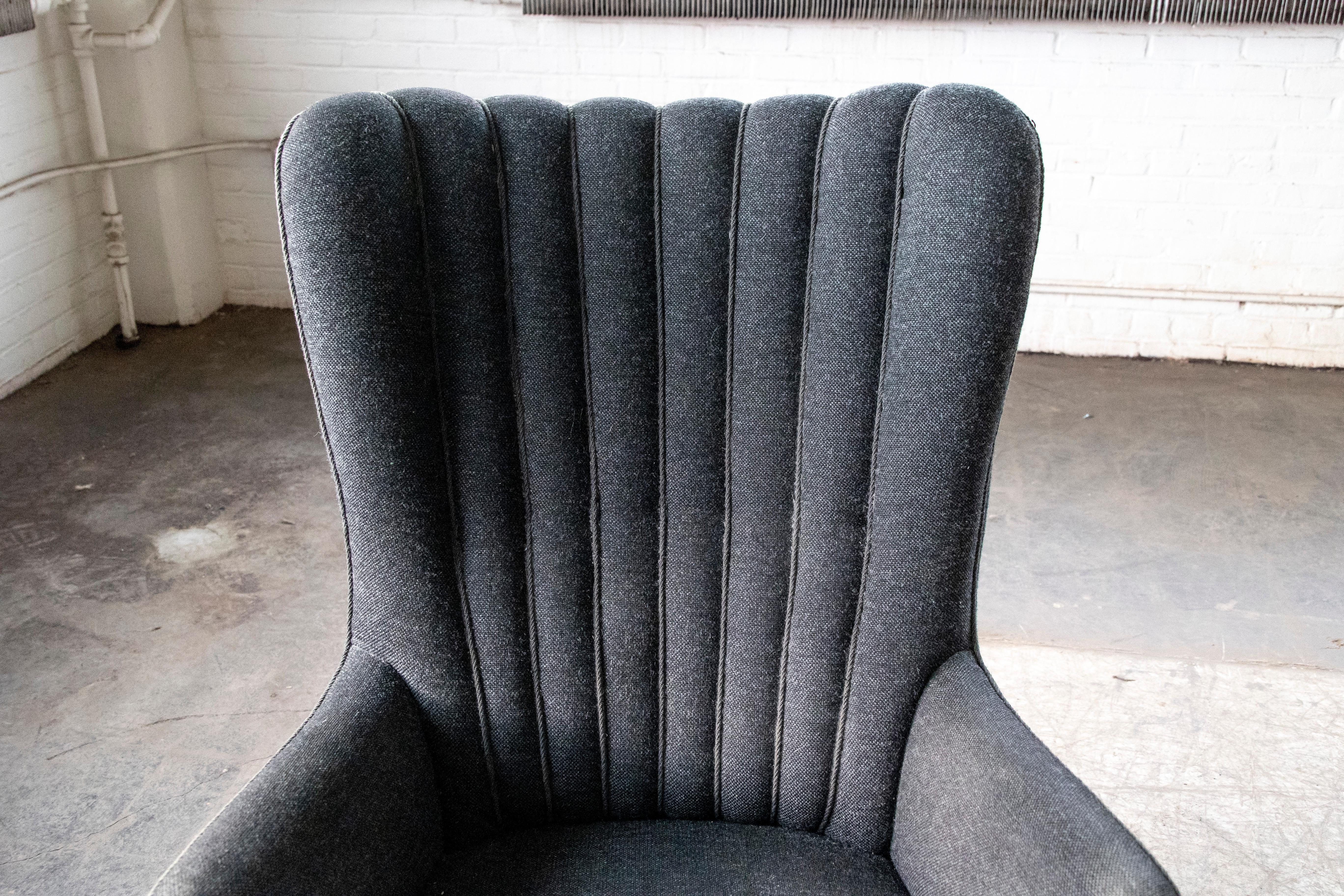 Mid-20th Century 1940s Danish Highback Lounge Chair with Channels in Charcoal Wool