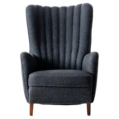 1940s Danish Highback Lounge Chair with Channels in Charcoal Wool