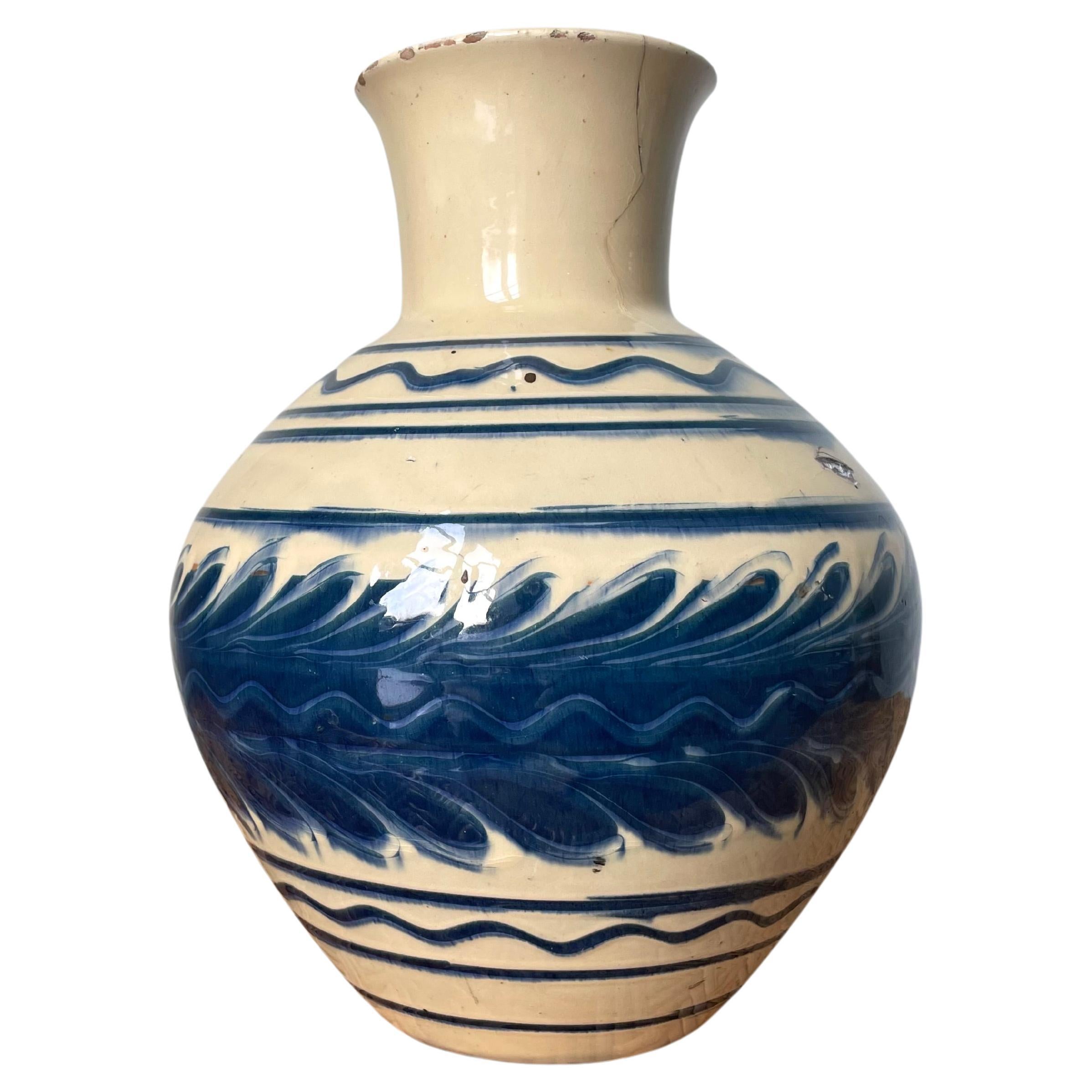 Art Nouveau 1940s Kähler Blue Decor Cream Vase, Denmark For Sale