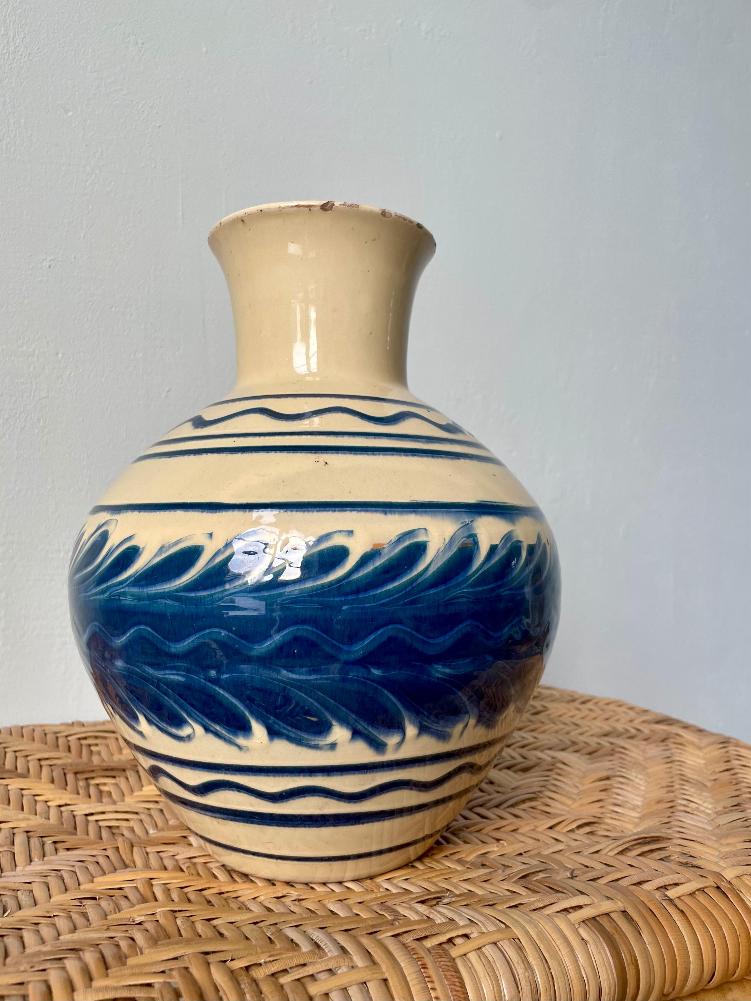 Danish 1940s Kähler Blue Decor Cream Vase, Denmark For Sale