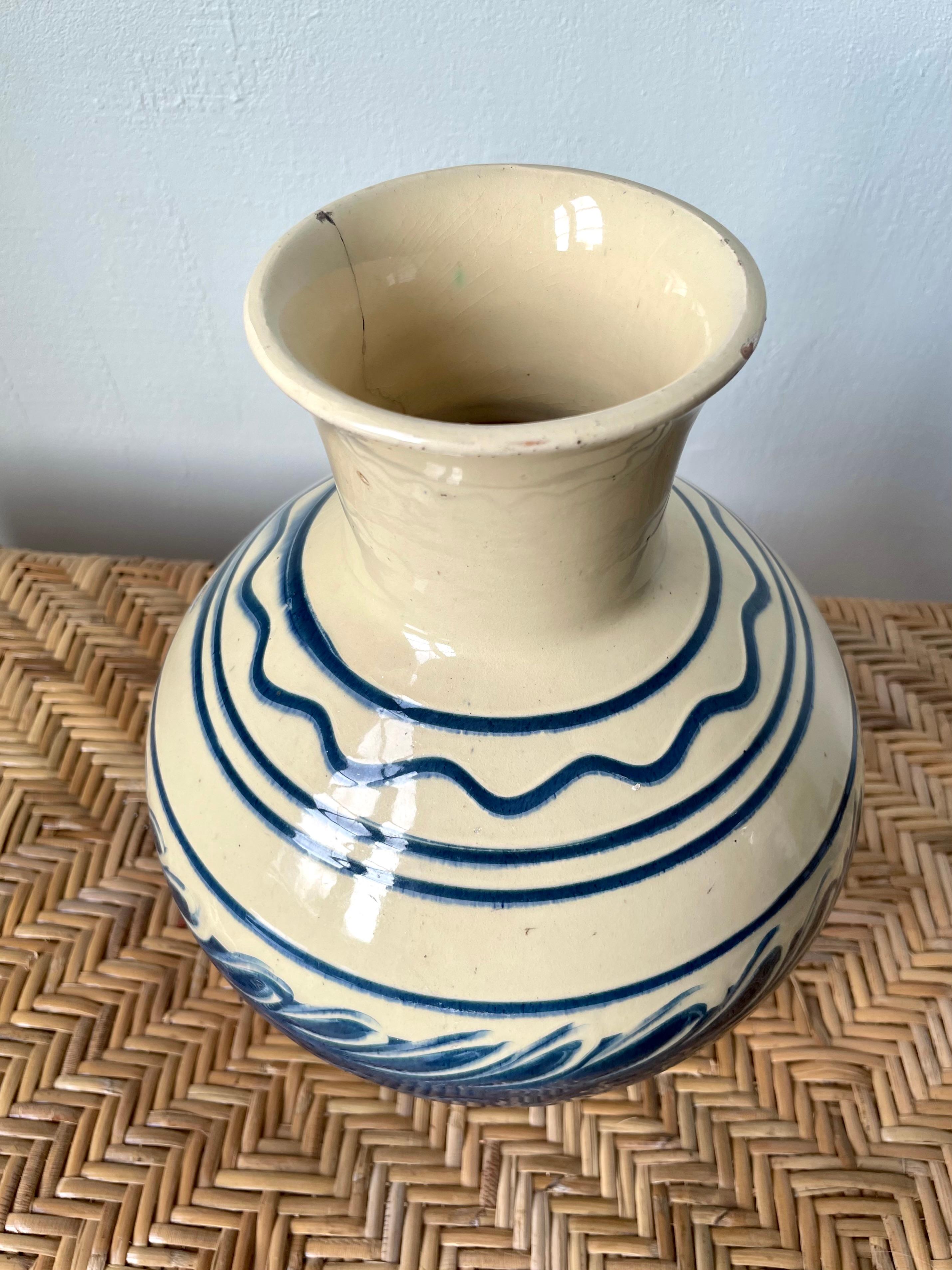 Hand-Painted 1940s Kähler Blue Decor Cream Vase, Denmark For Sale