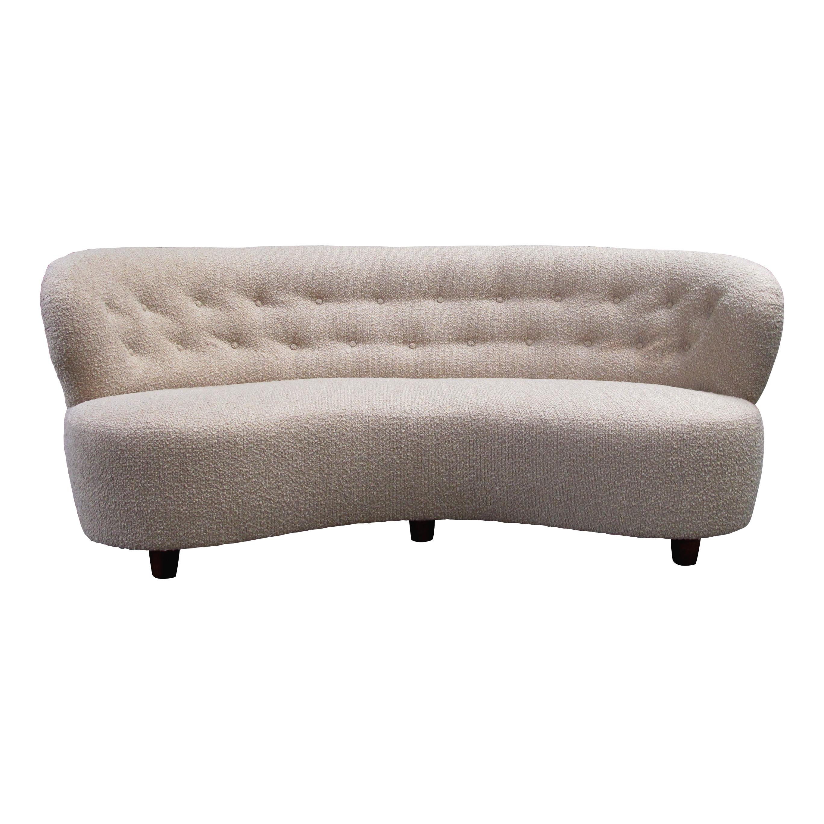 Mid-Century Modern 1940s Danish Large Curved Sofa with Buttoned Backrest Newly Upholstered  For Sale