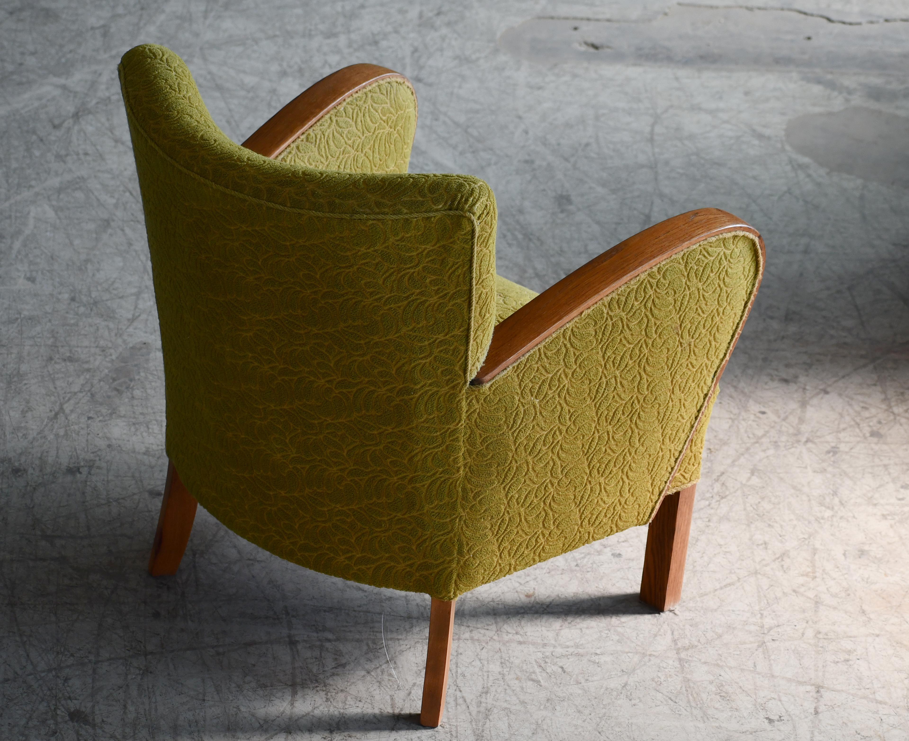 1940s Danish Late Art Deco or Early Midcentury Lounge Chair With Oak Armrests In Good Condition For Sale In Bridgeport, CT