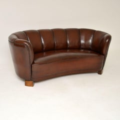 1940's Danish Leather Curved Banana Sofa