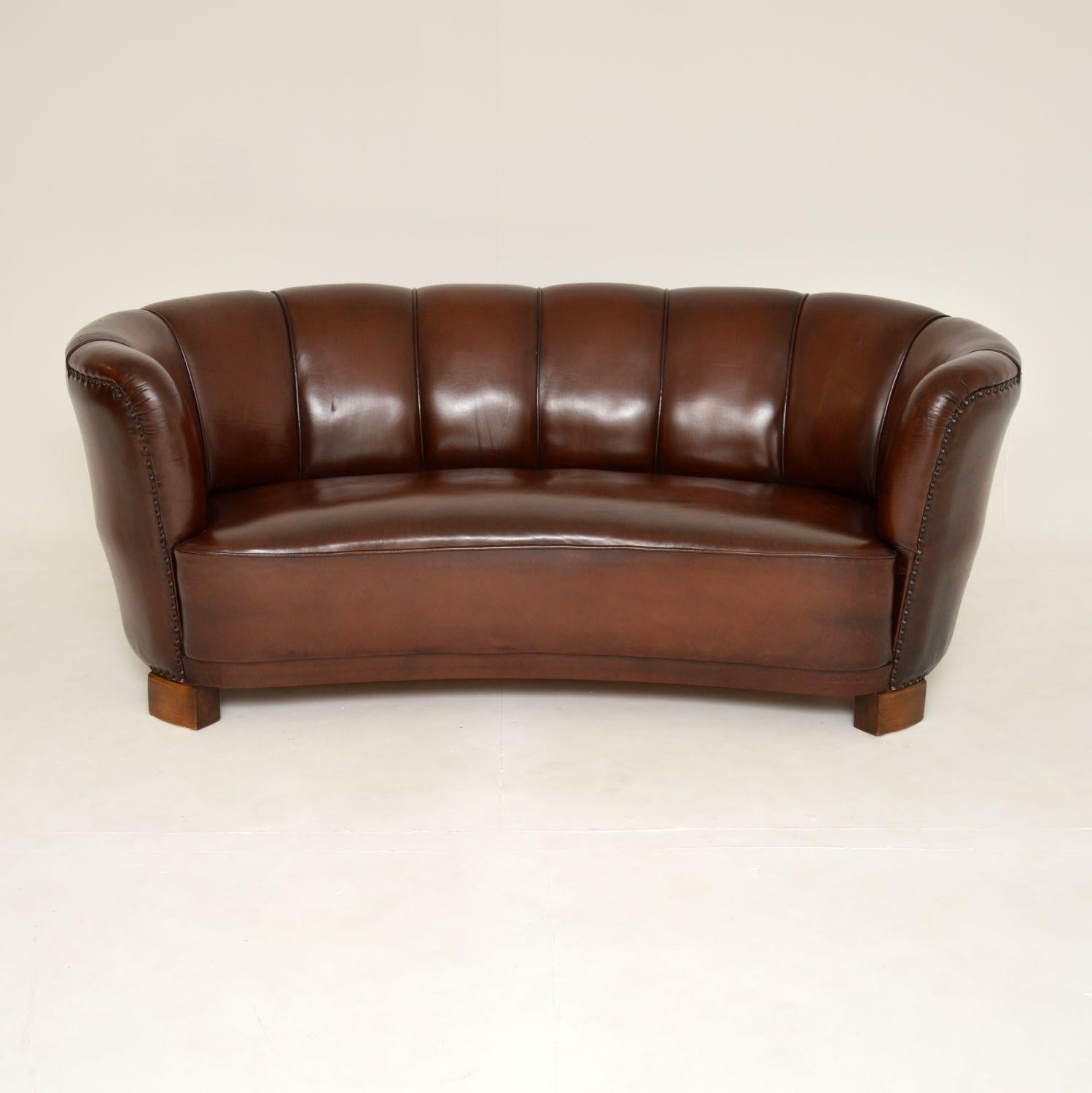 Mid-Century Modern 1940's Danish Leather Curved Banana Sofa