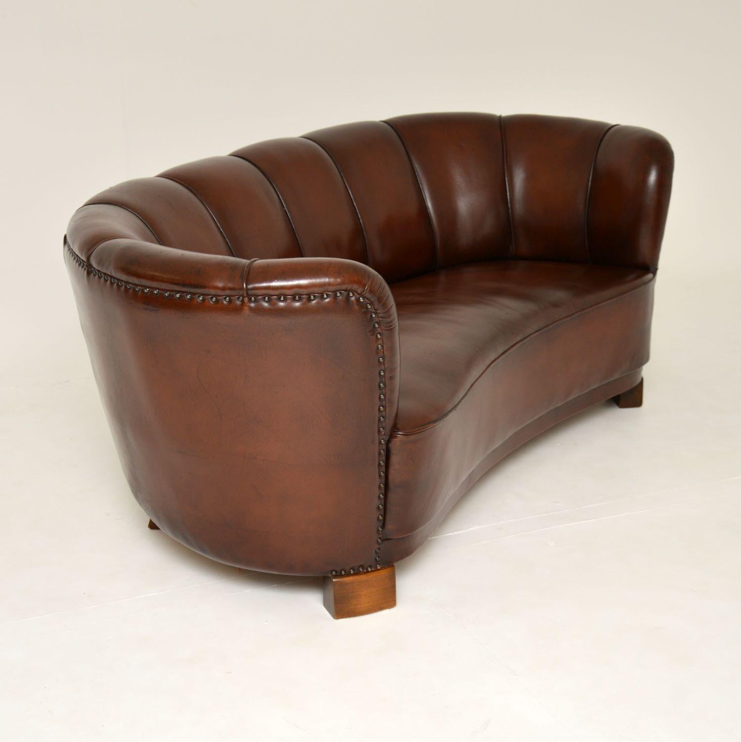1940's Danish Leather Curved Banana Sofa 1