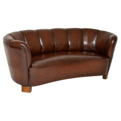 1940's Danish Leather Curved Banana Sofa