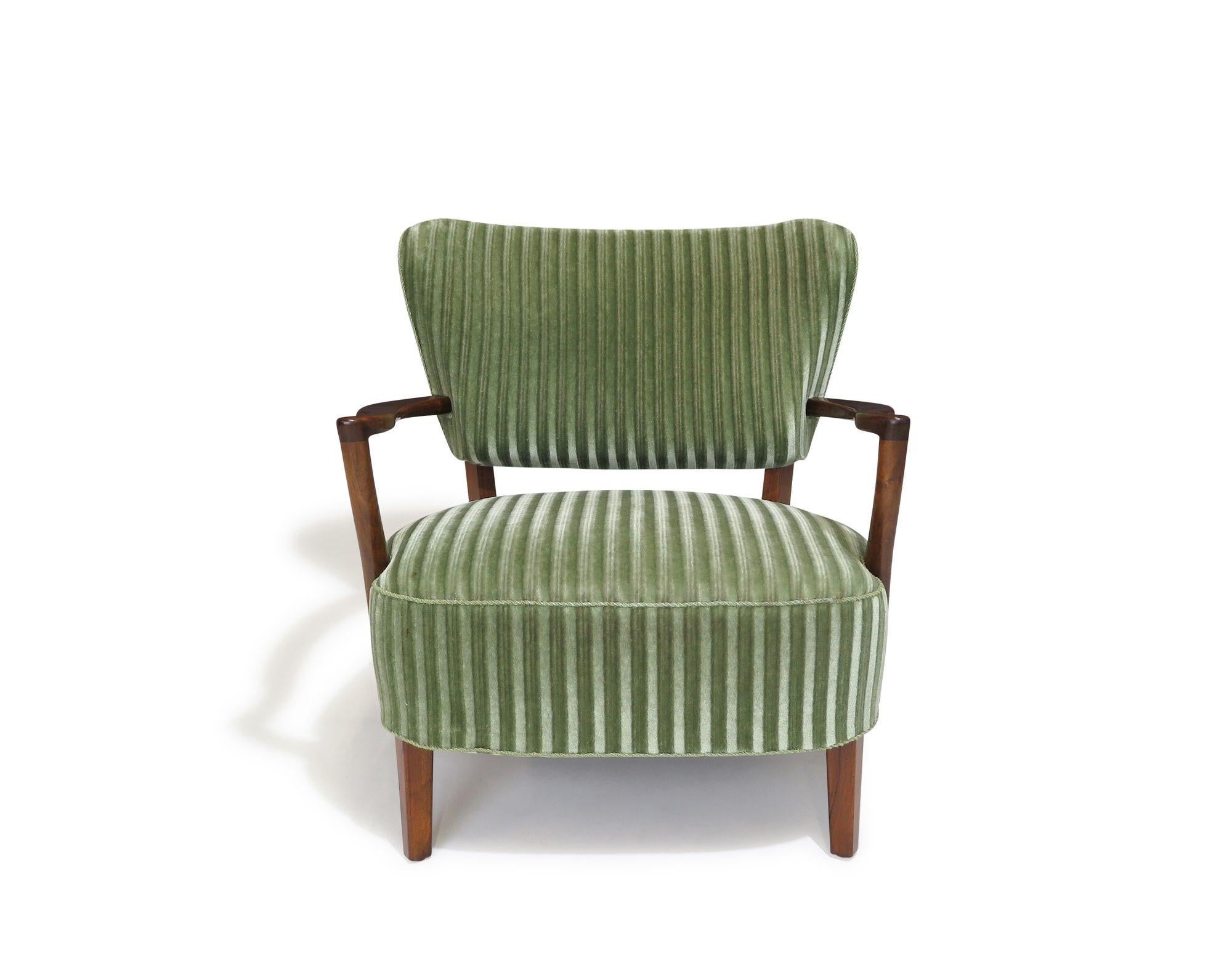 1940's Danish Lounge Chair in Original Green Mohair In Good Condition In Oakland, CA