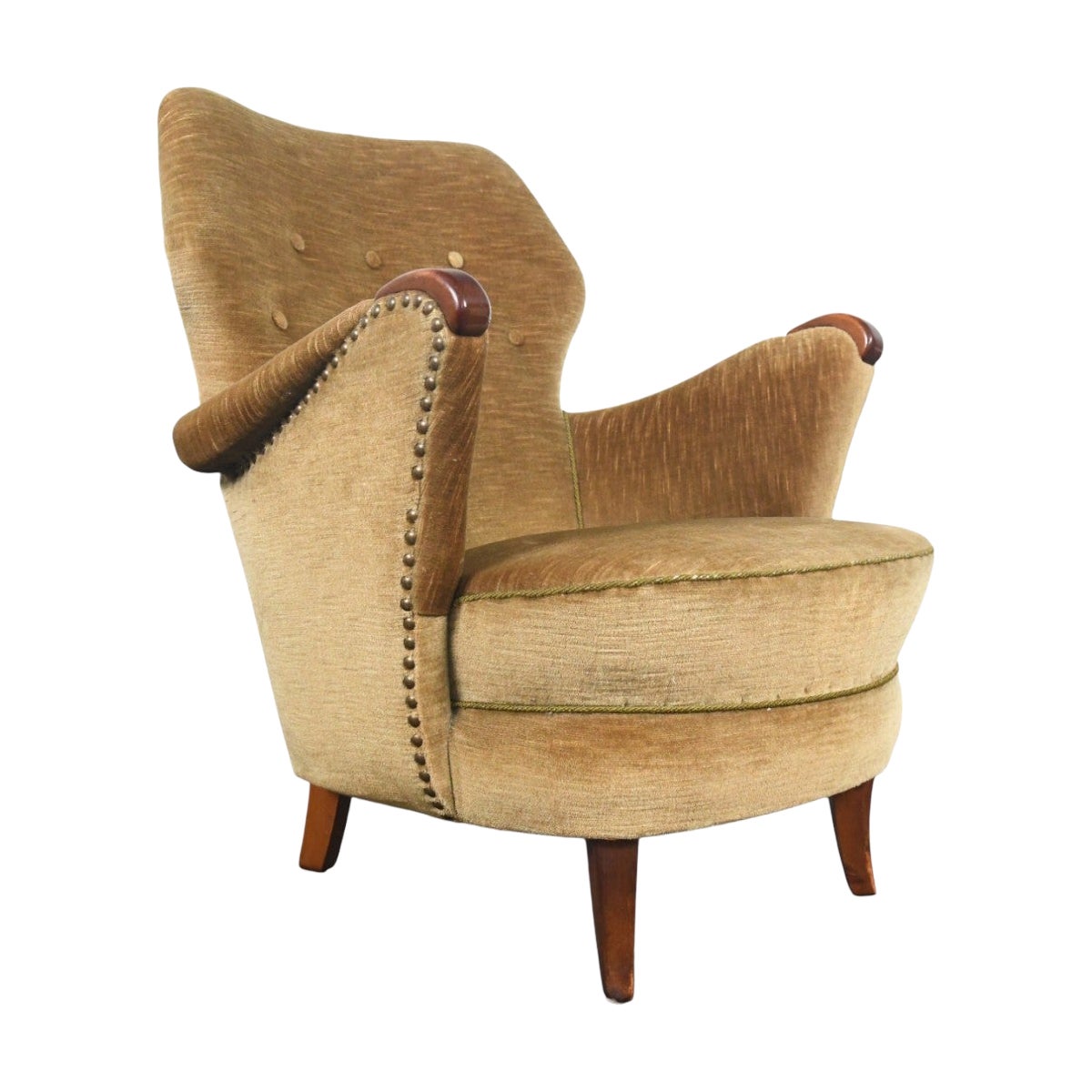 1940er Jahre Dänischer Moderner Clubsessel aus olivgoldenem Samt im Angebot