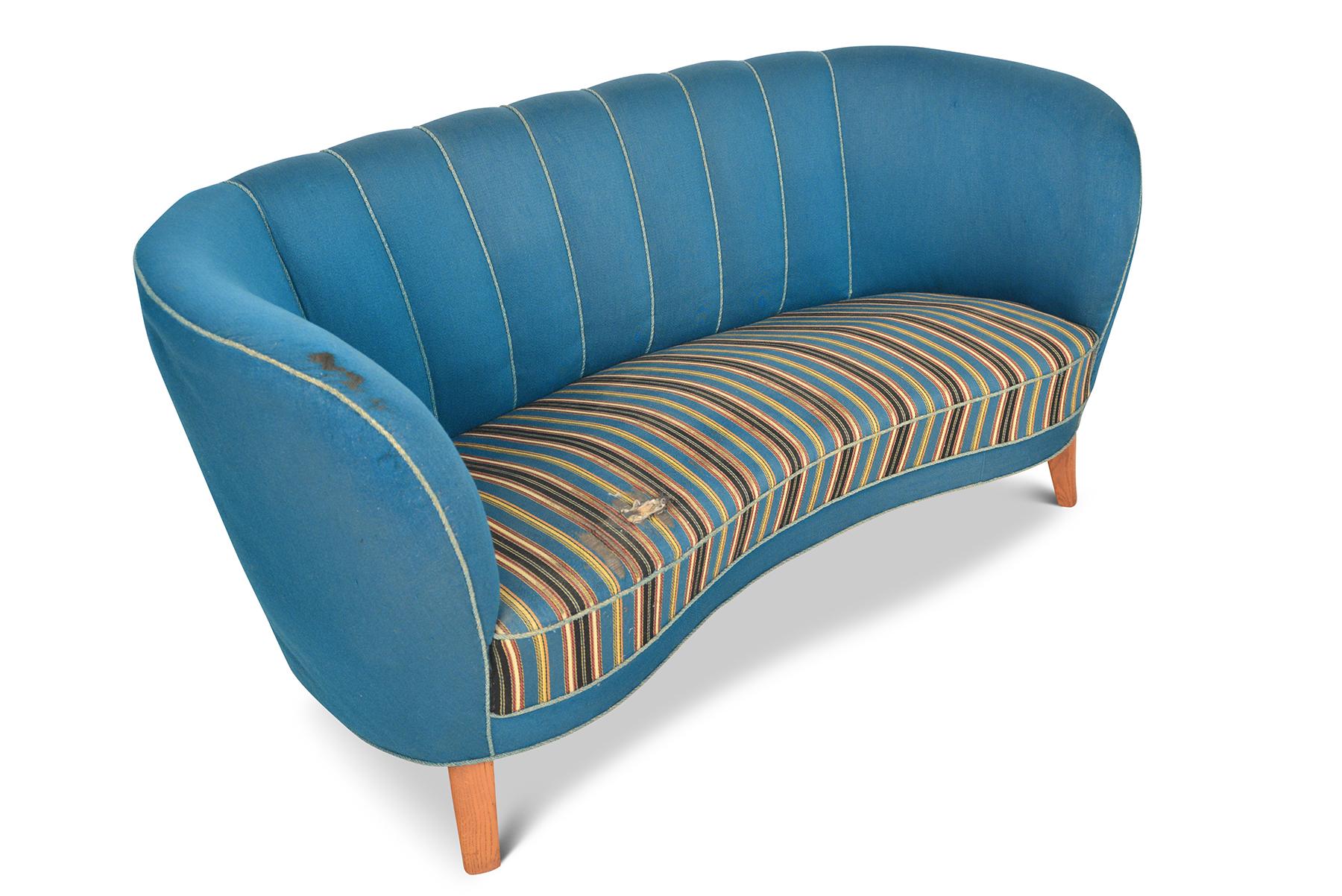 Art Deco 1940s Danish Modern Curved Banana Sofa in Blue Wool
