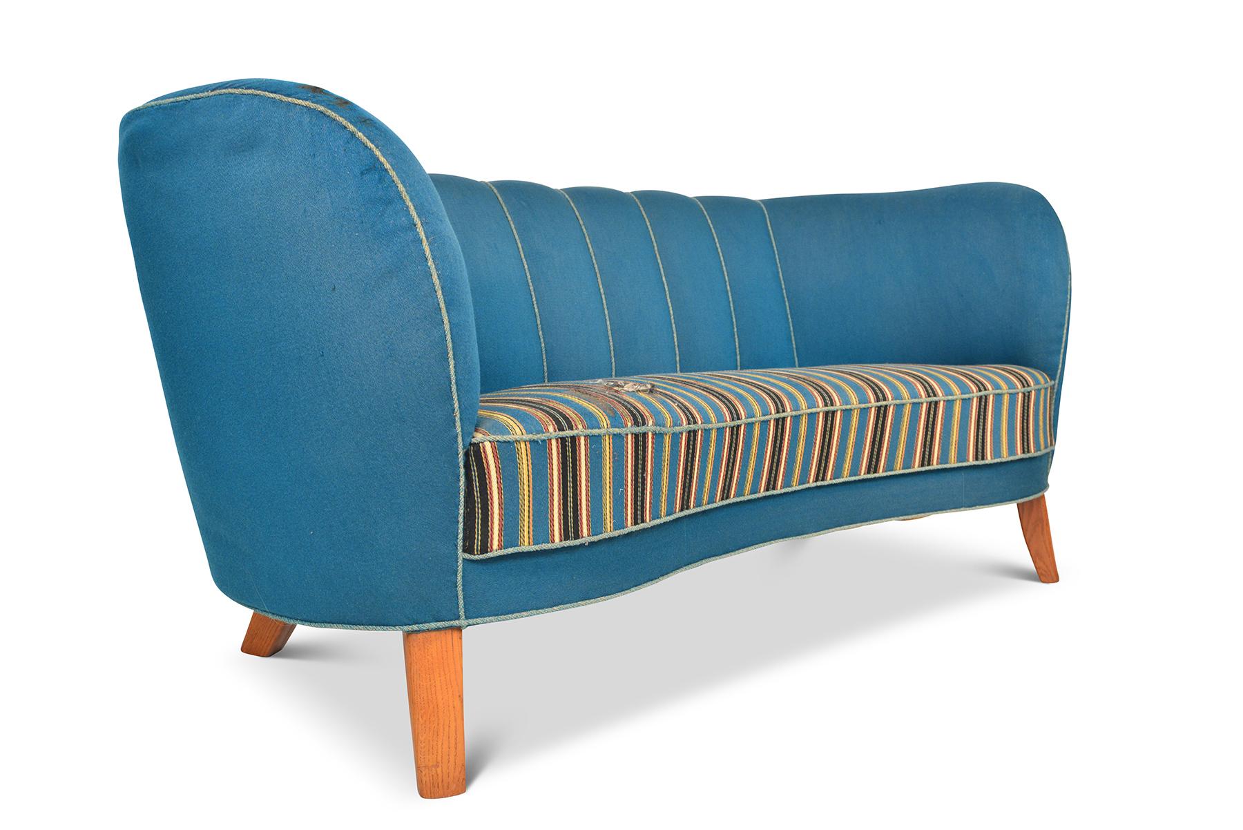 1940s Danish Modern Curved Banana Sofa in Blue Wool In Fair Condition In Berkeley, CA