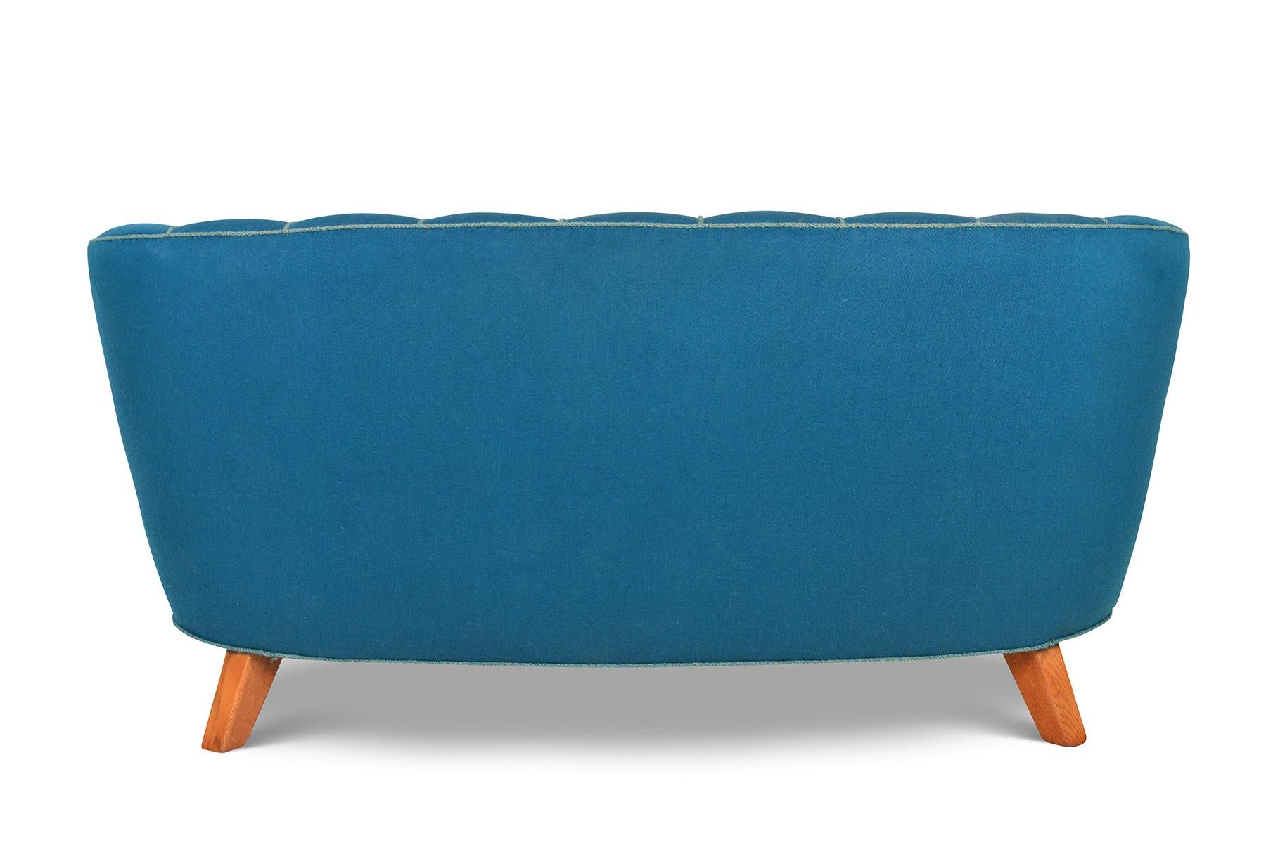 1940s Danish Modern Curved Banana Sofa in Blue Wool 1