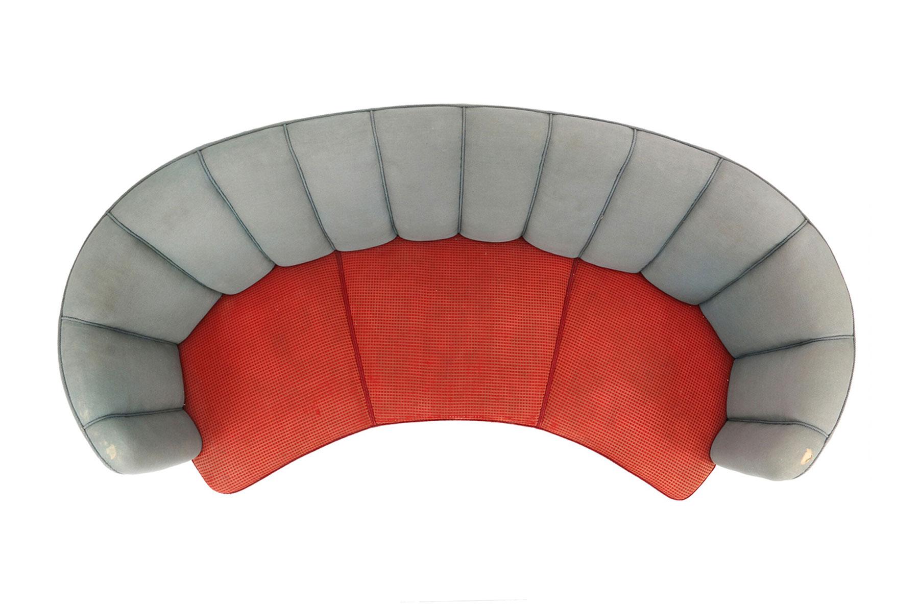 1940s Danish Modern Curved Banana Sofa in Red and Blue Wool In Fair Condition In Berkeley, CA