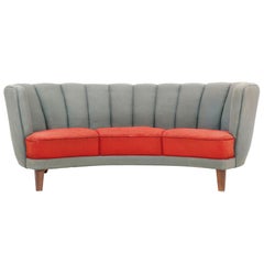 1940s Danish Modern Curved Banana Sofa in Red and Blue Wool