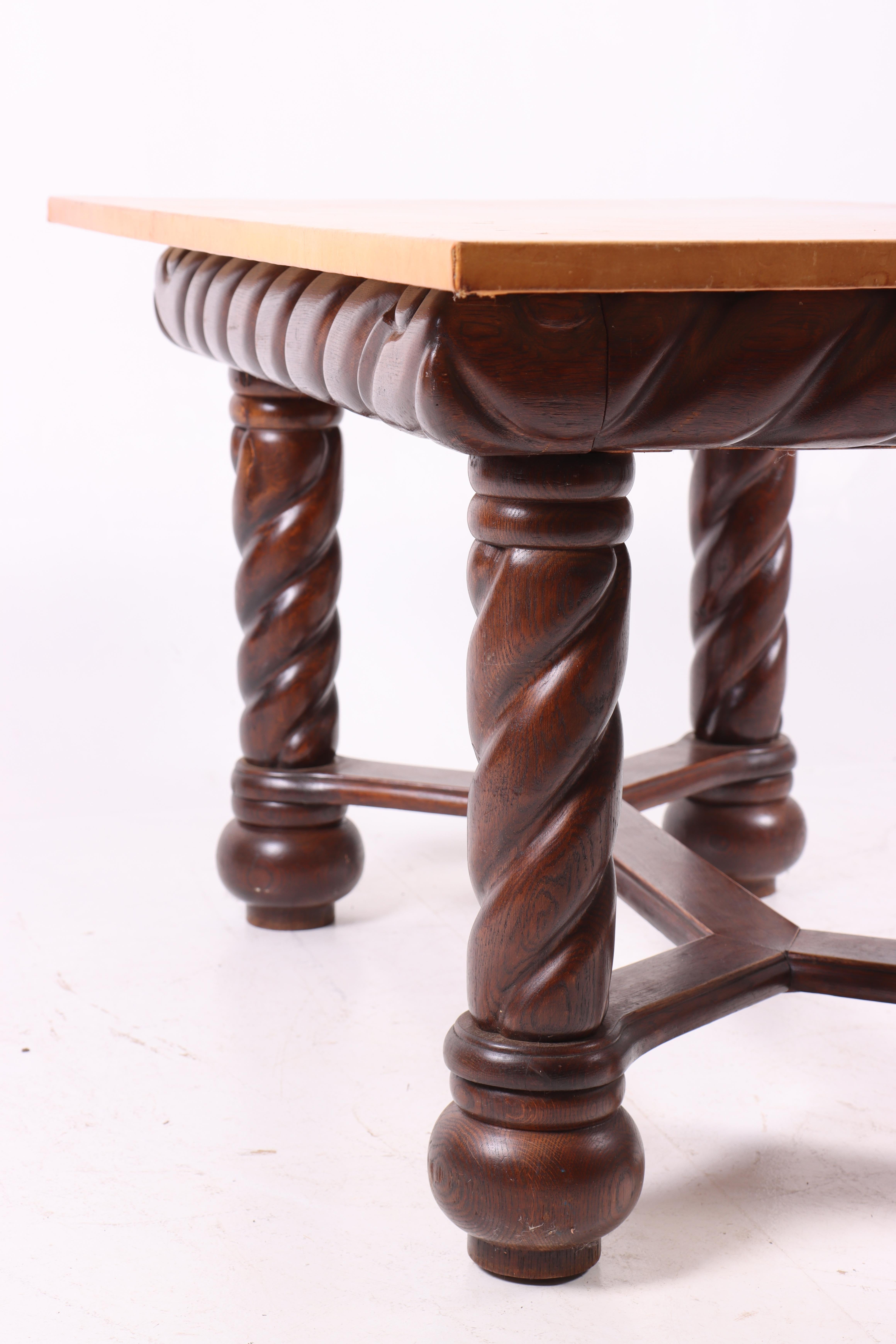 Scandinavian Modern 1940s Danish Oak Table with Twisted Legs and New Patinated Leather Top by Cabine For Sale