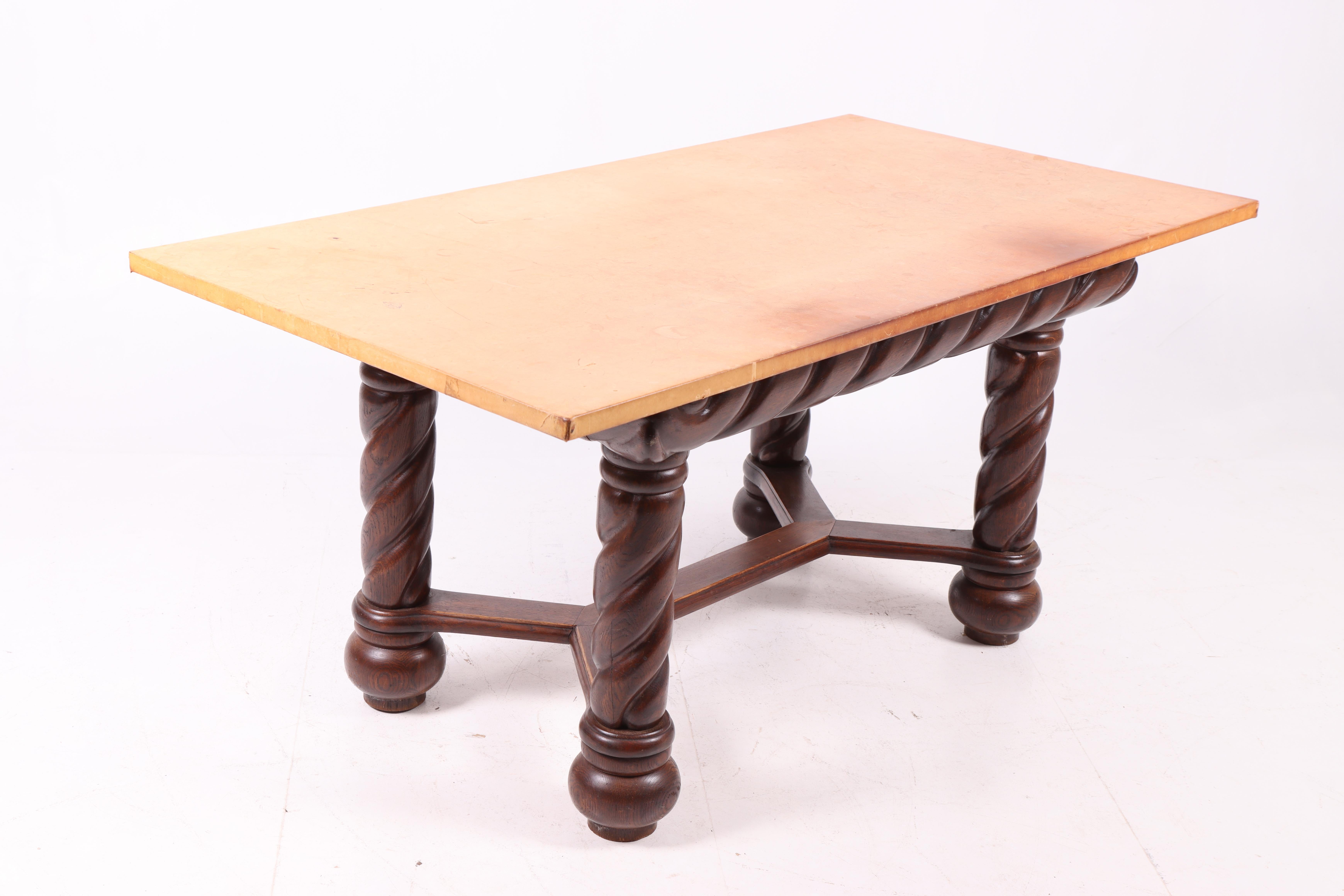 1940s Danish Oak Table with Twisted Legs and New Patinated Leather Top by Cabine In Good Condition For Sale In Lejre, DK