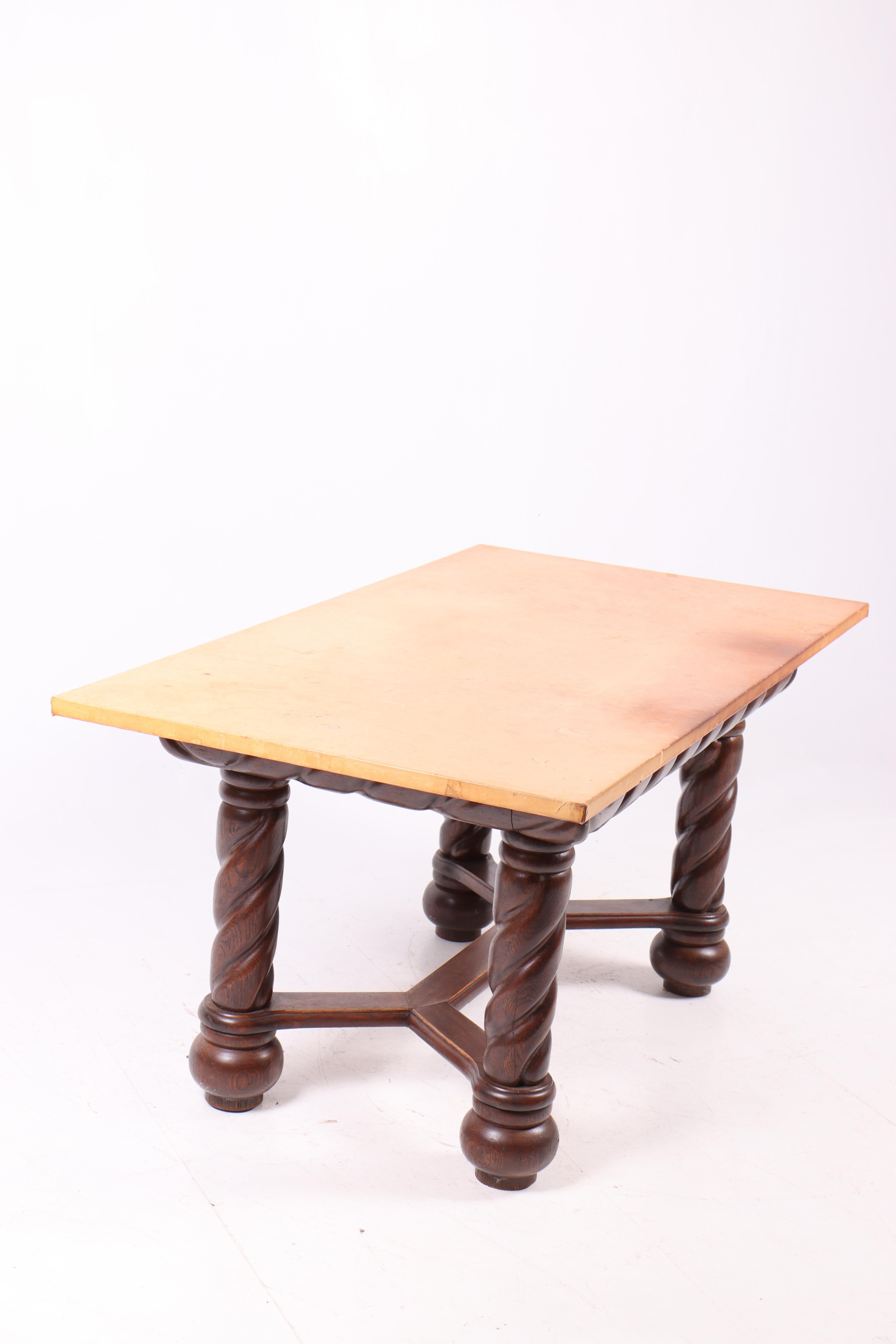 Mid-20th Century 1940s Danish Oak Table with Twisted Legs and New Patinated Leather Top by Cabine For Sale