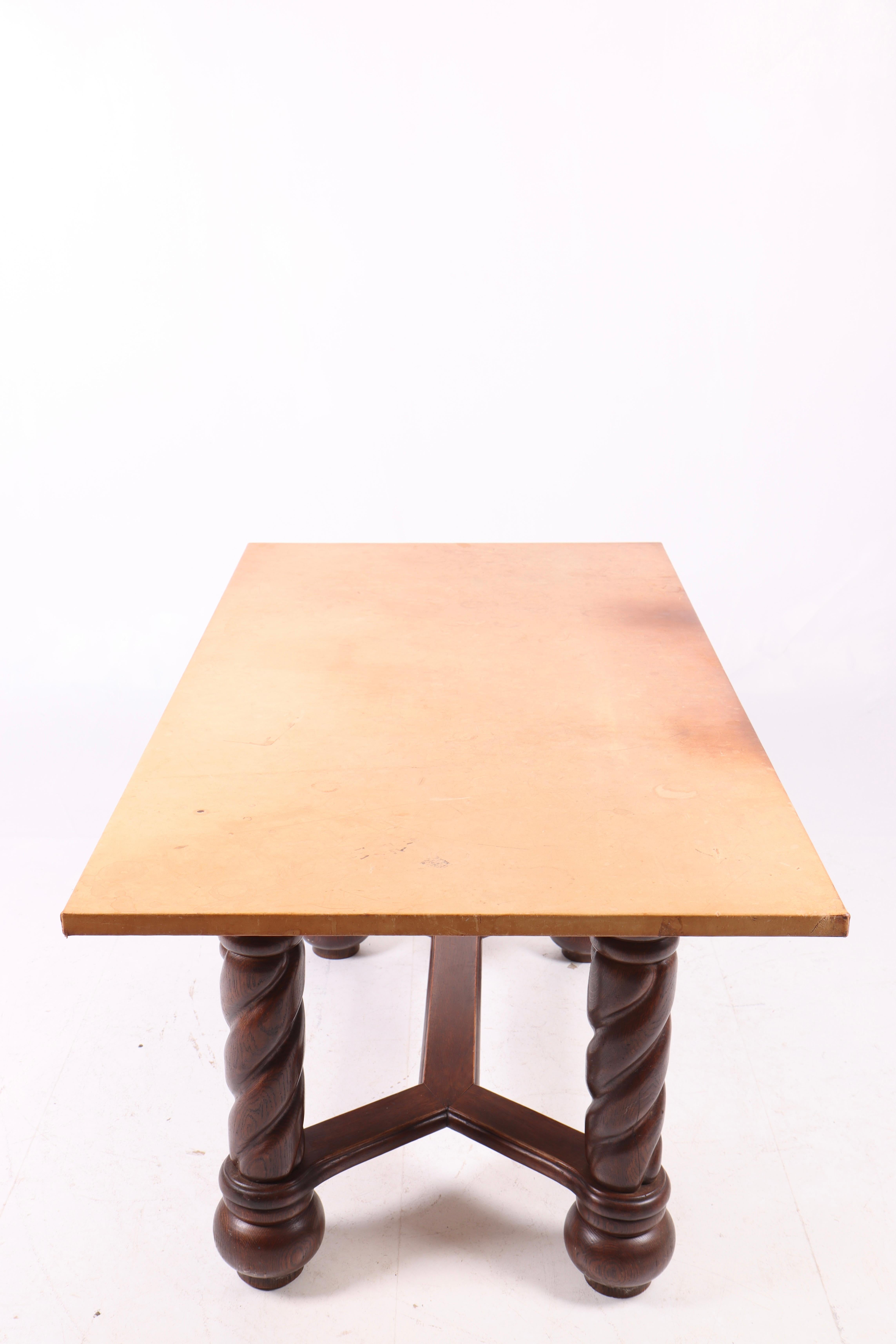 1940s Danish Oak Table with Twisted Legs and New Patinated Leather Top by Cabine For Sale 2