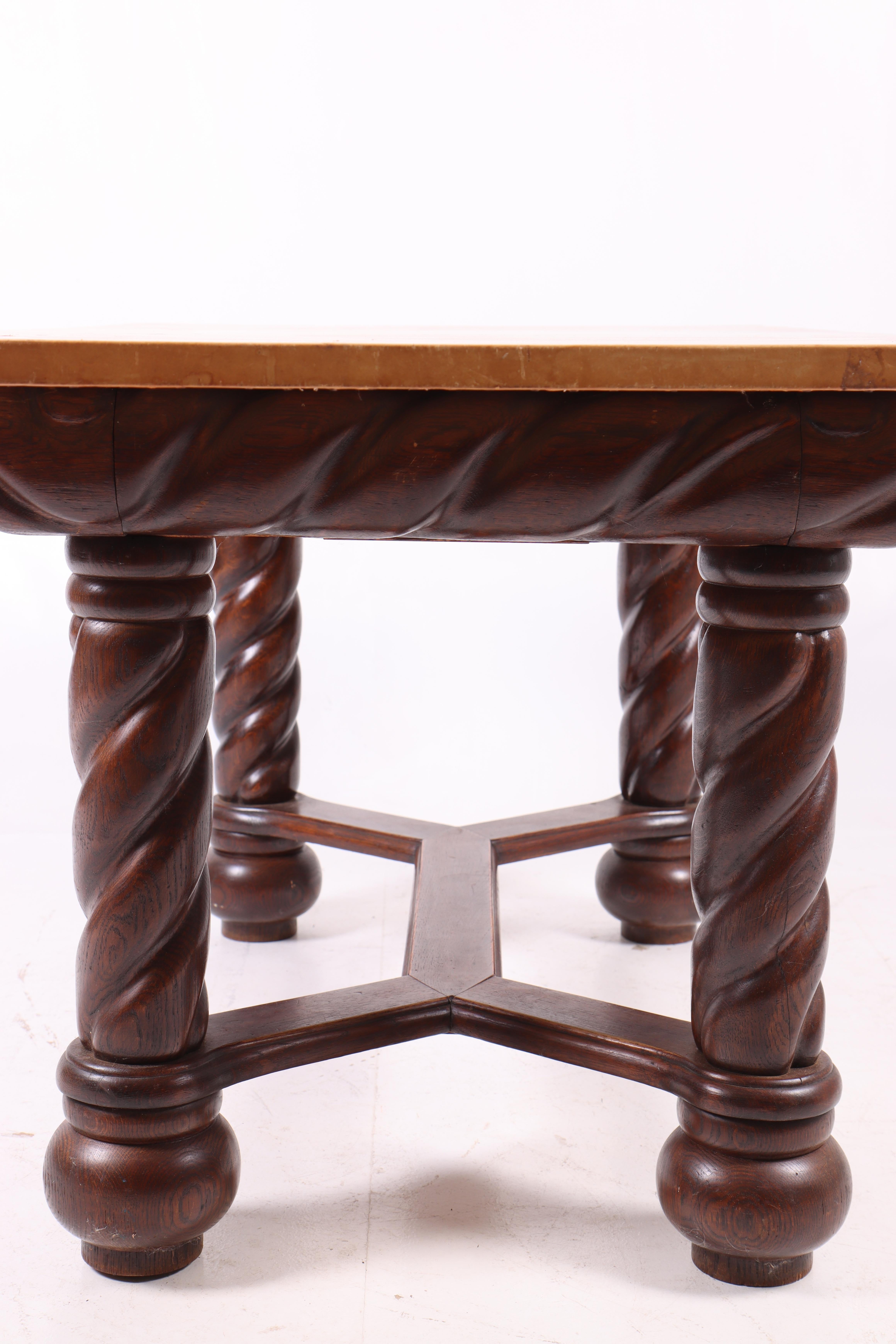 1940s Danish Oak Table with Twisted Legs and New Patinated Leather Top by Cabine For Sale 4