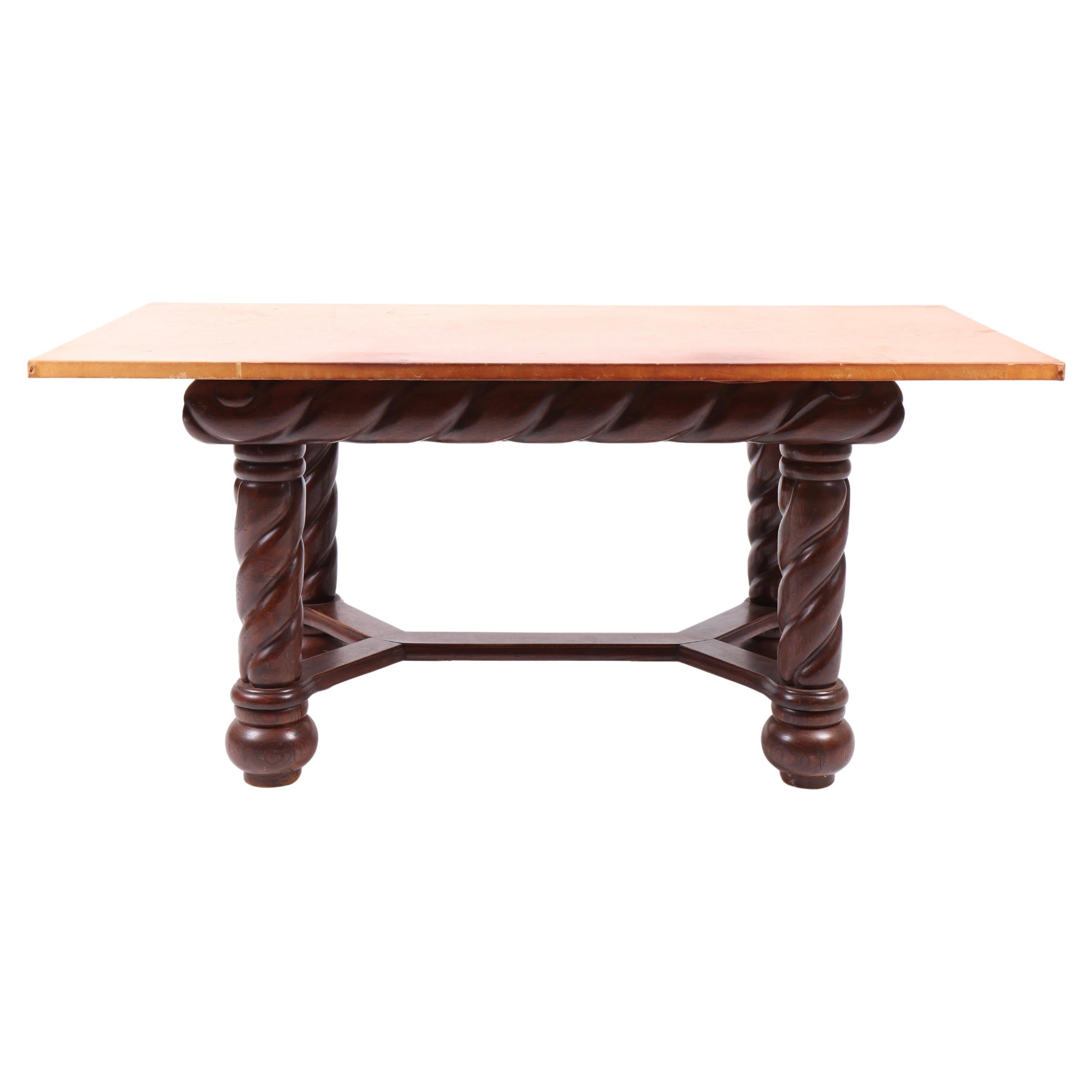 1940s Danish Oak Table with Twisted Legs and New Patinated Leather Top by Cabine For Sale