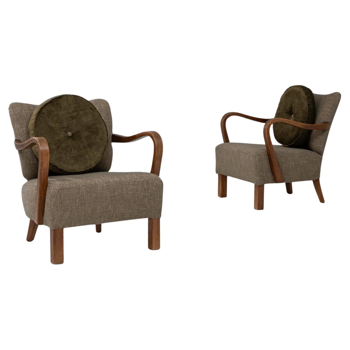 1940s Danish Pair of Art Deco Upholstered Armchairs With Round Pillows