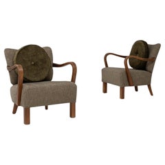 1940s Danish Pair of Art Deco Upholstered Armchairs With Round Pillows