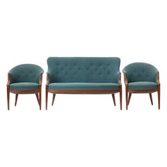 1940s Danish Settee and Pair of Chairs by Frits Henningsen in Vintage Upholstery