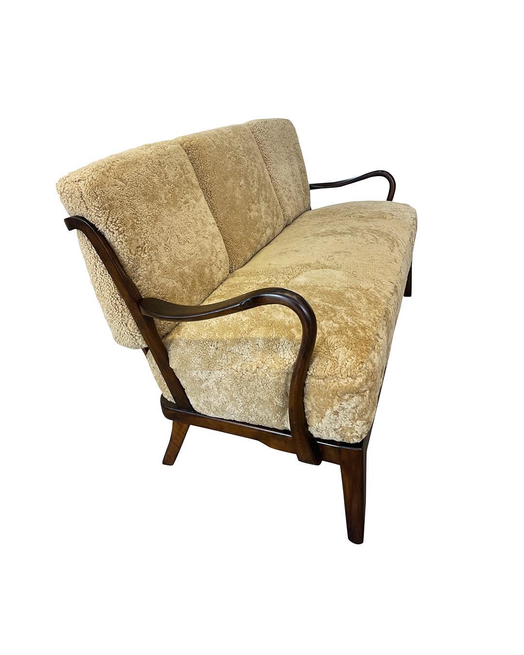 1940s Danish Settee by Alfred Christensen in Tan Shearling In Good Condition For Sale In New York, NY