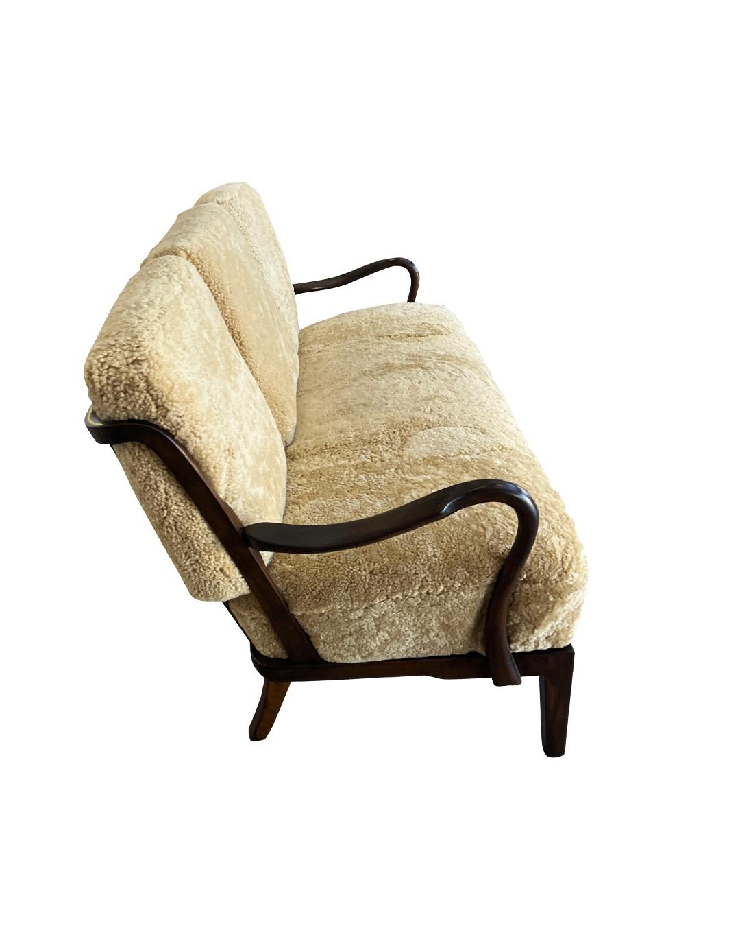 Mid-20th Century 1940s Danish Settee by Alfred Christensen in Tan Shearling For Sale
