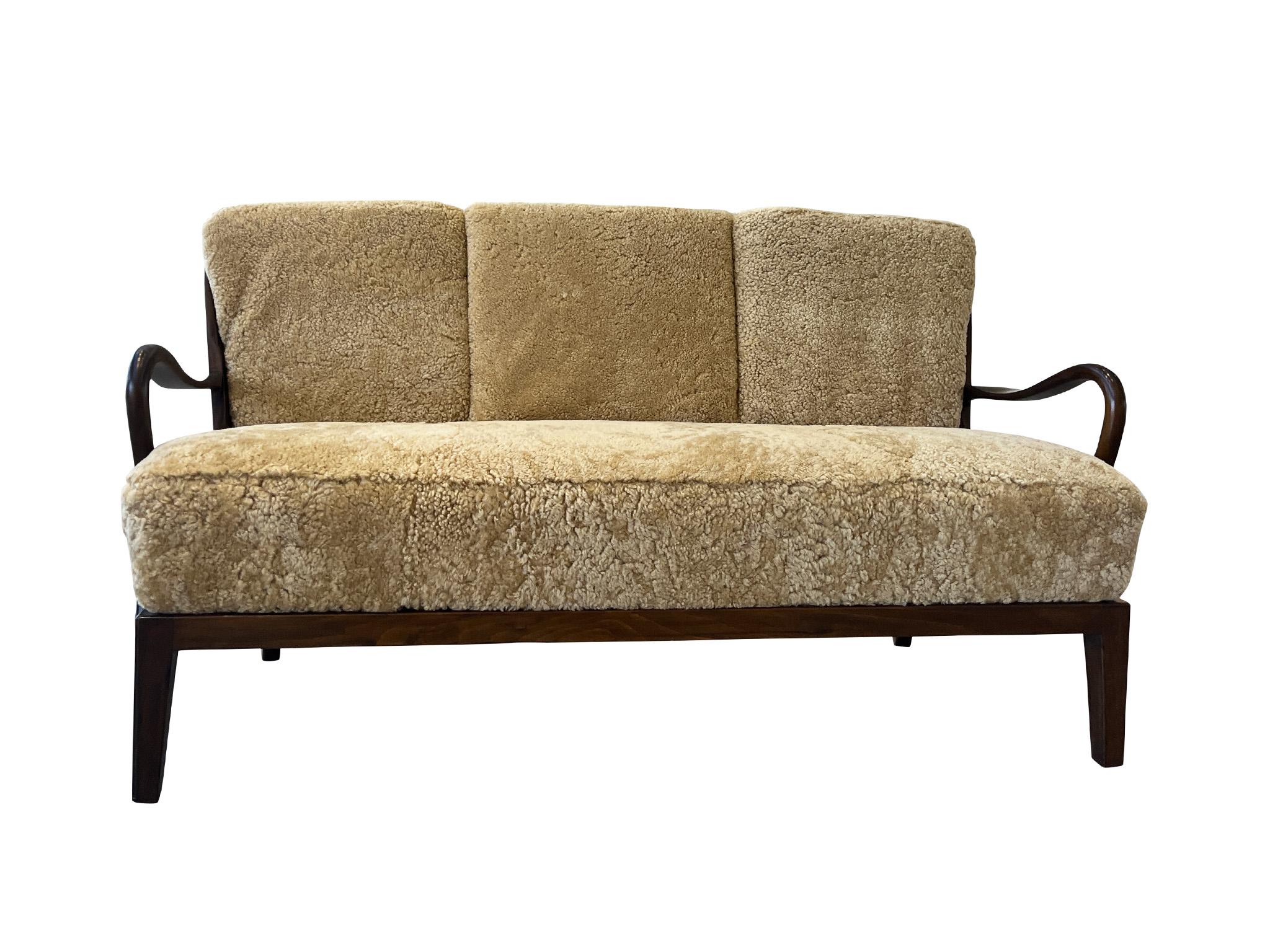 1940s Danish Settee by Alfred Christensen in Tan Shearling For Sale 1