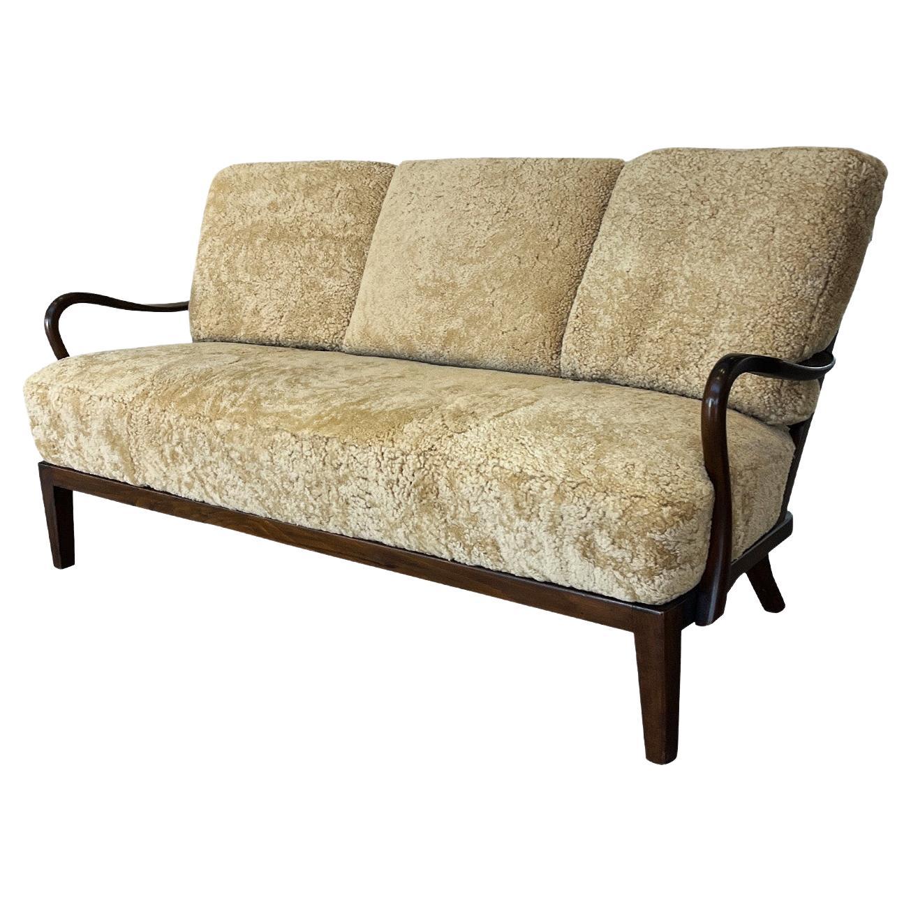 1940s Danish Settee by Alfred Christensen in Tan Shearling For Sale
