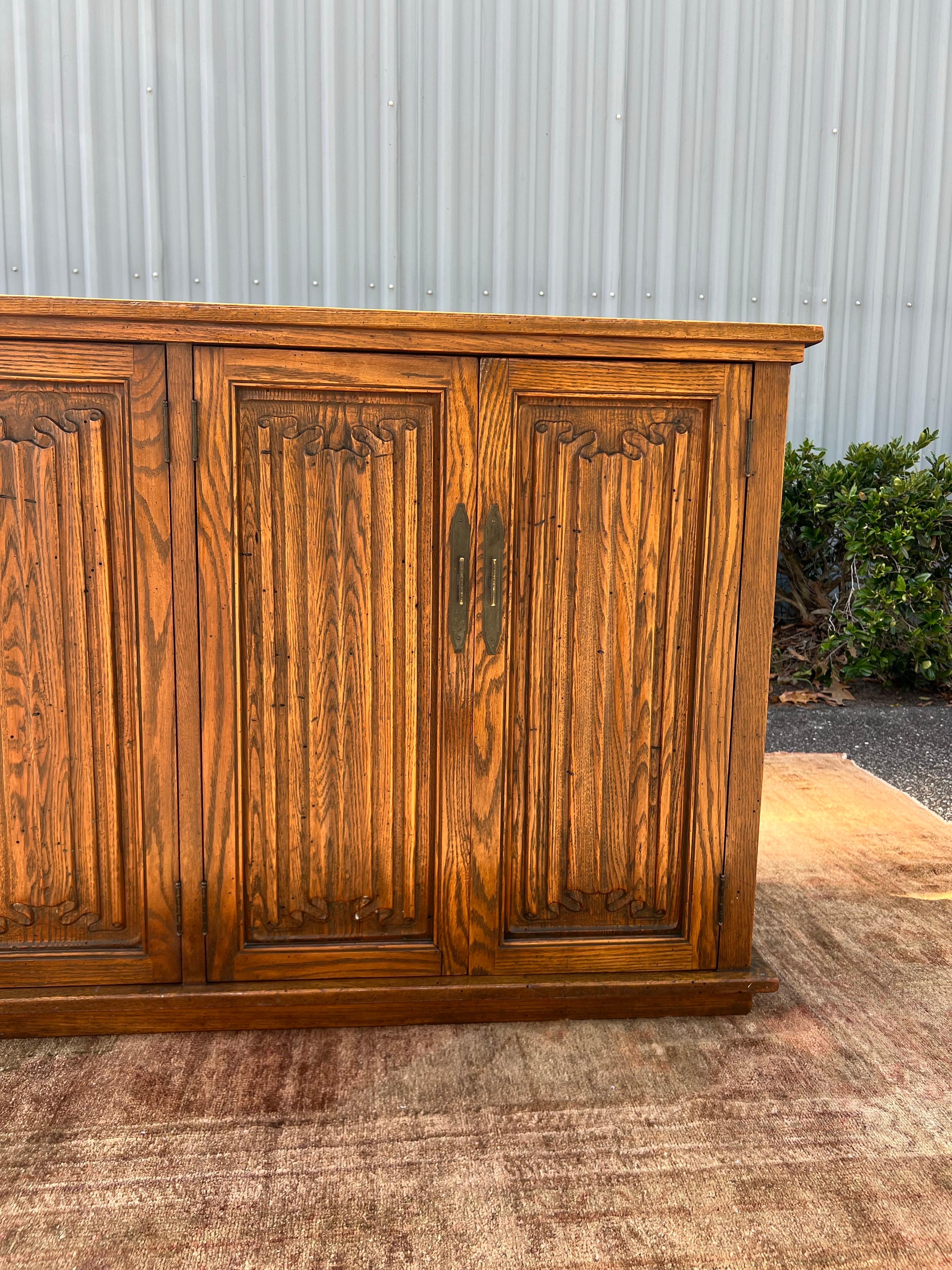 Hand-Carved 1940s Danish Sideboard With “linen-Folds” Relief Attributed to Henning Kjaernulf