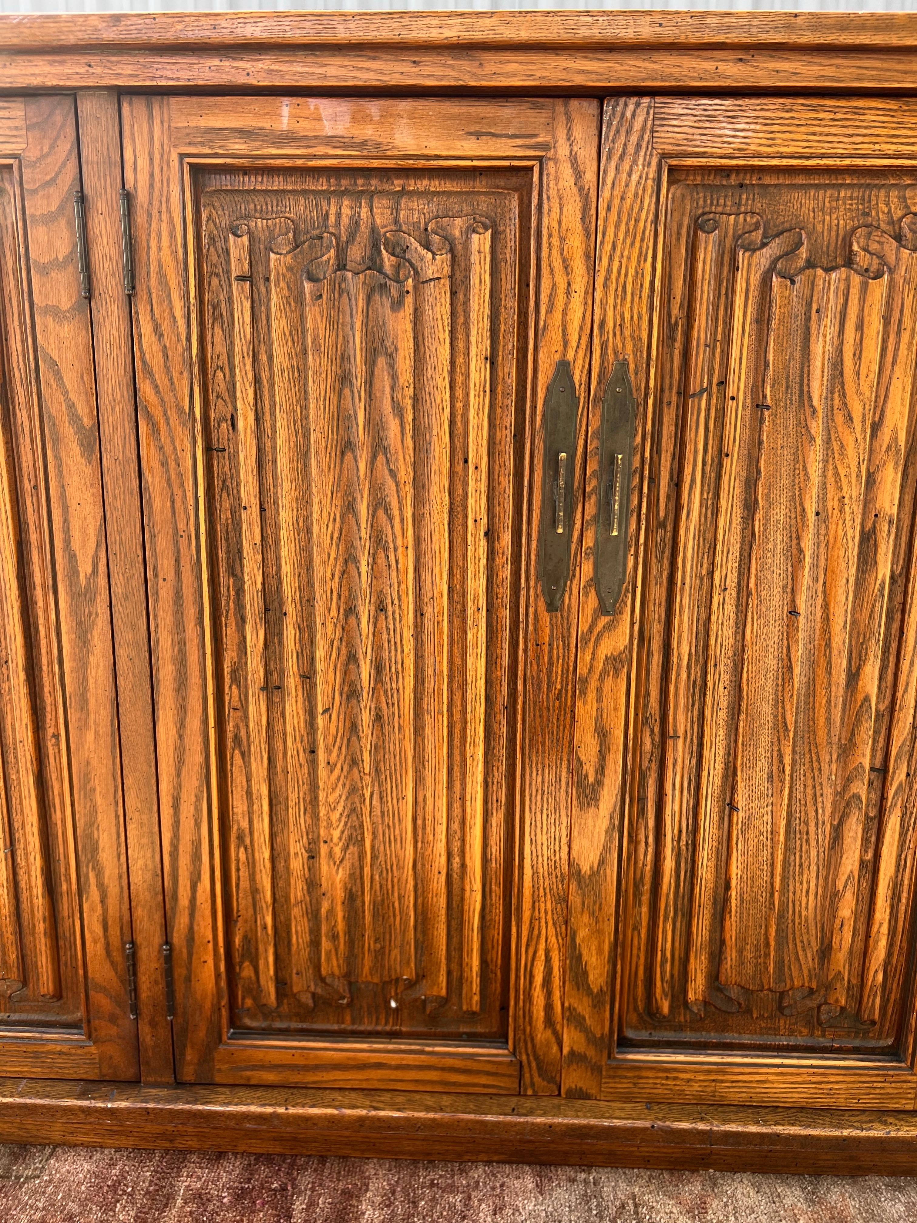 Oak 1940s Danish Sideboard With “linen-Folds” Relief Attributed to Henning Kjaernulf