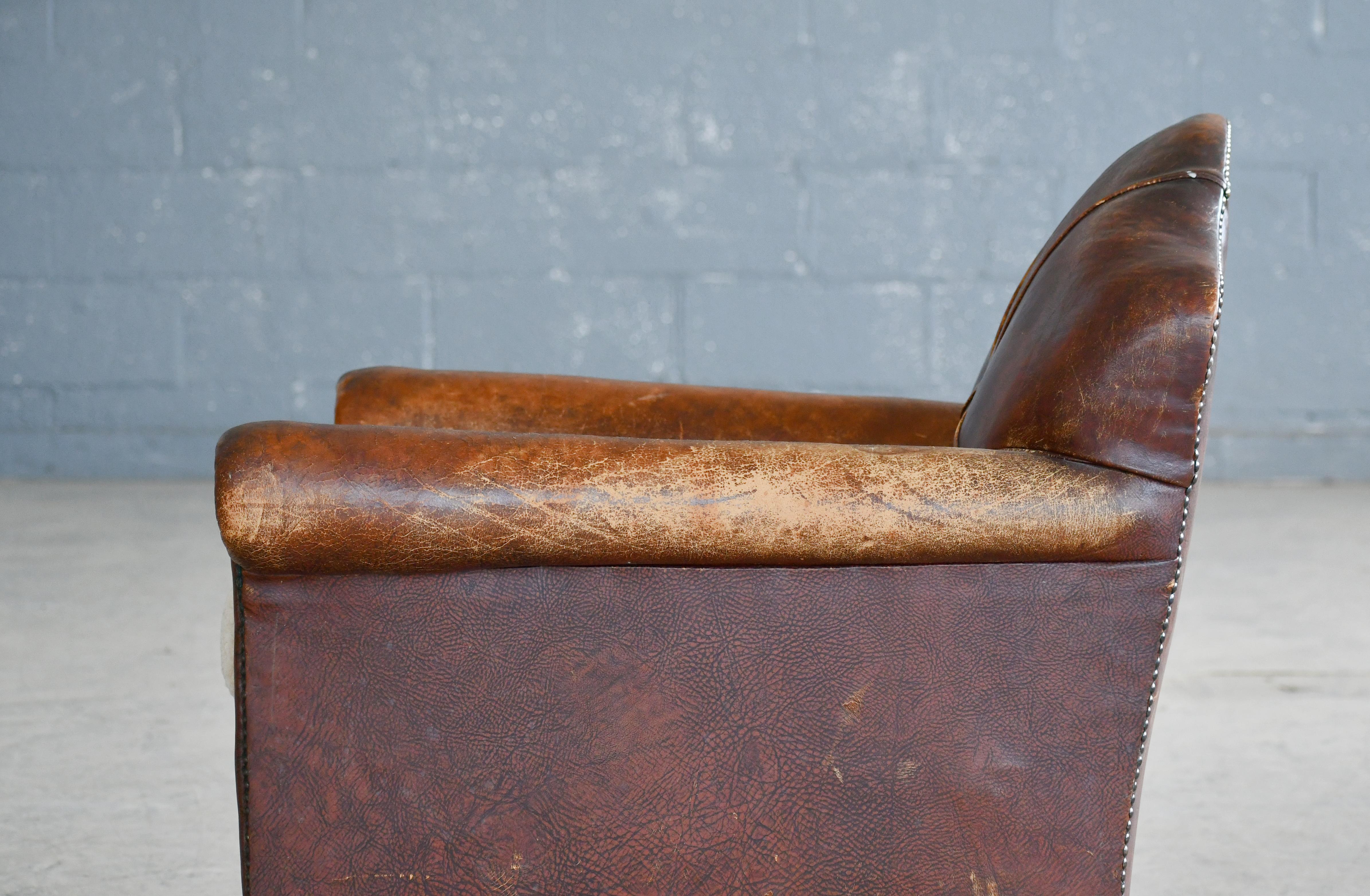 1940s Danish Small Club or Library Chair in Brown Leather For Sale 4