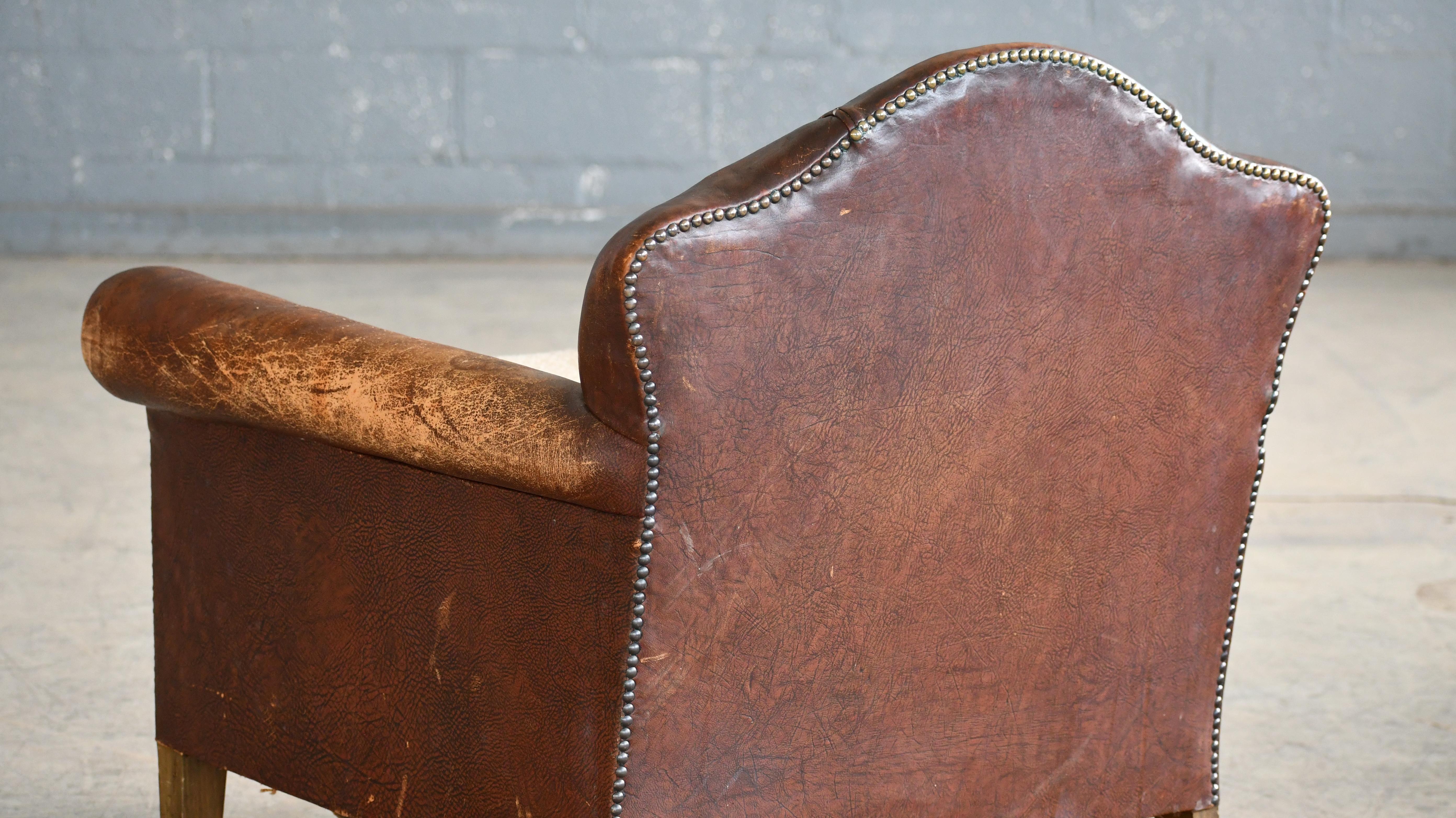 1940s Danish Small Club or Library Chair in Brown Leather For Sale 5