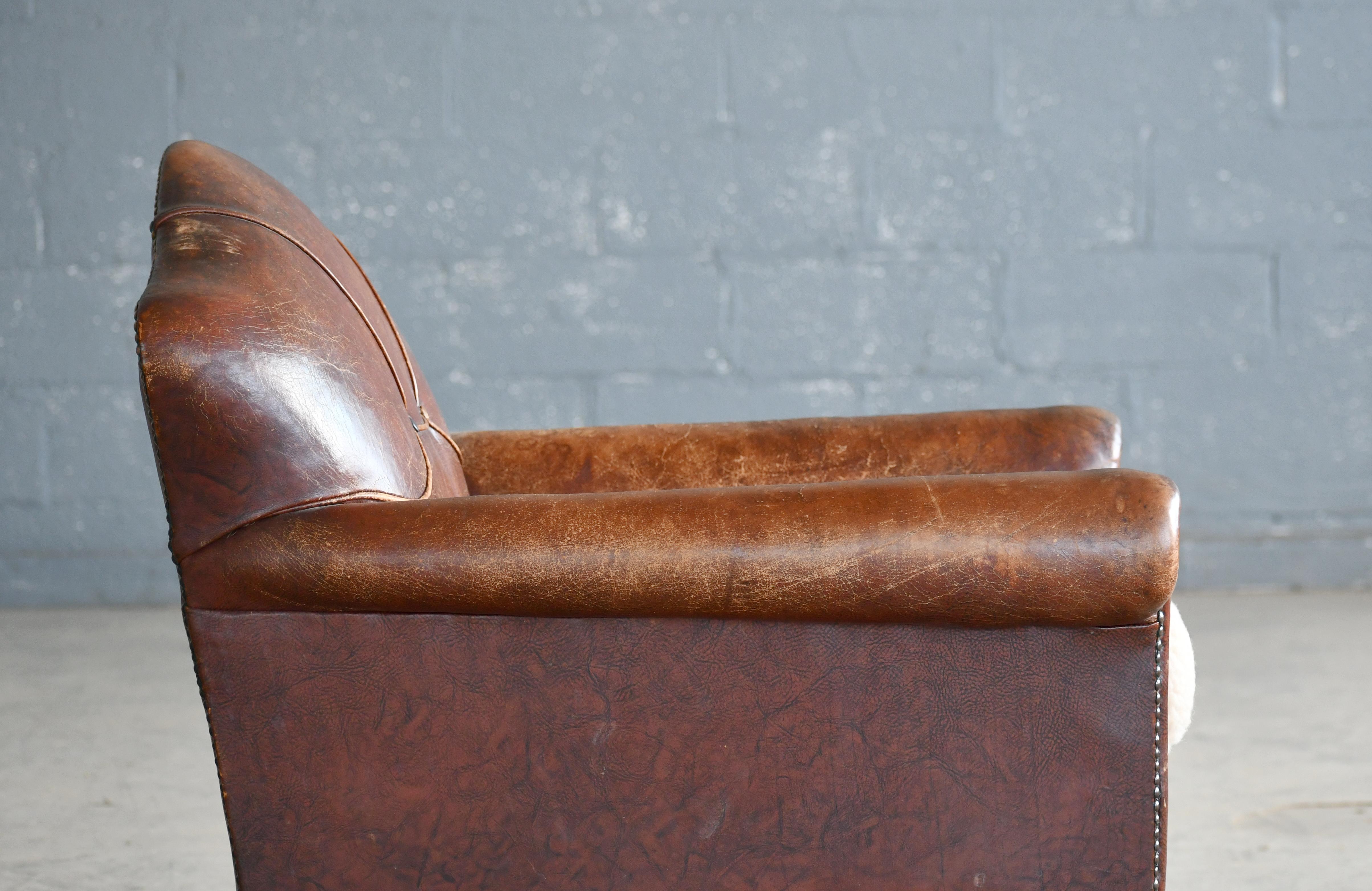 1940s Danish Small Club or Library Chair in Brown Leather For Sale 3