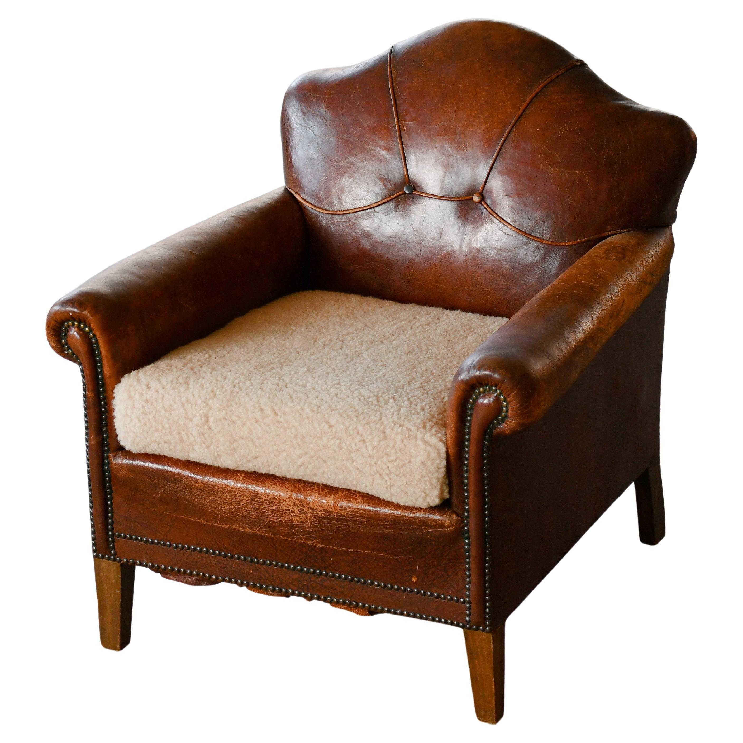 1940s Danish Small Club or Library Chair in Brown Leather For Sale