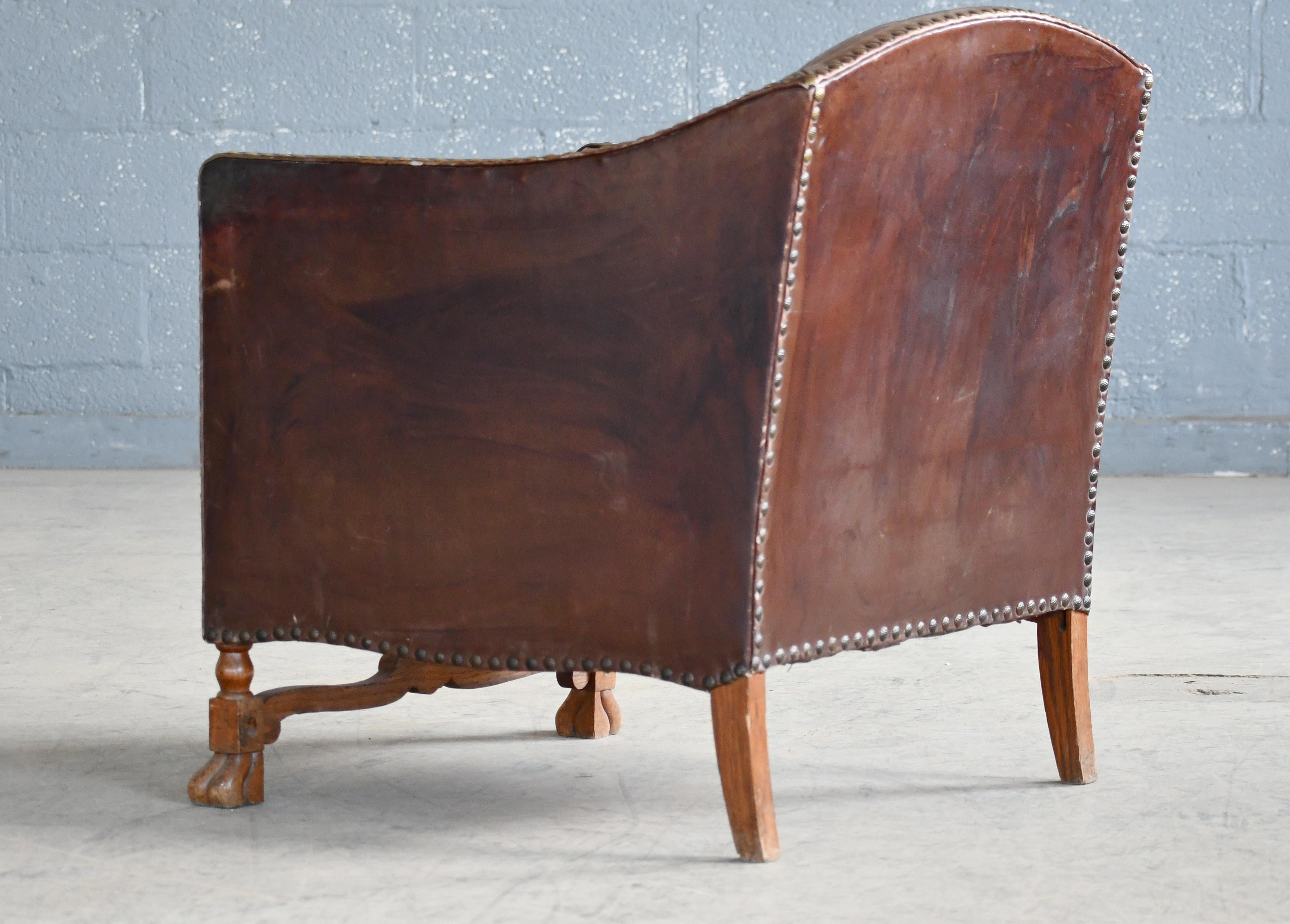 1940s Danish Small Club or Library Chair in Leather with Carved Legs For Sale 9