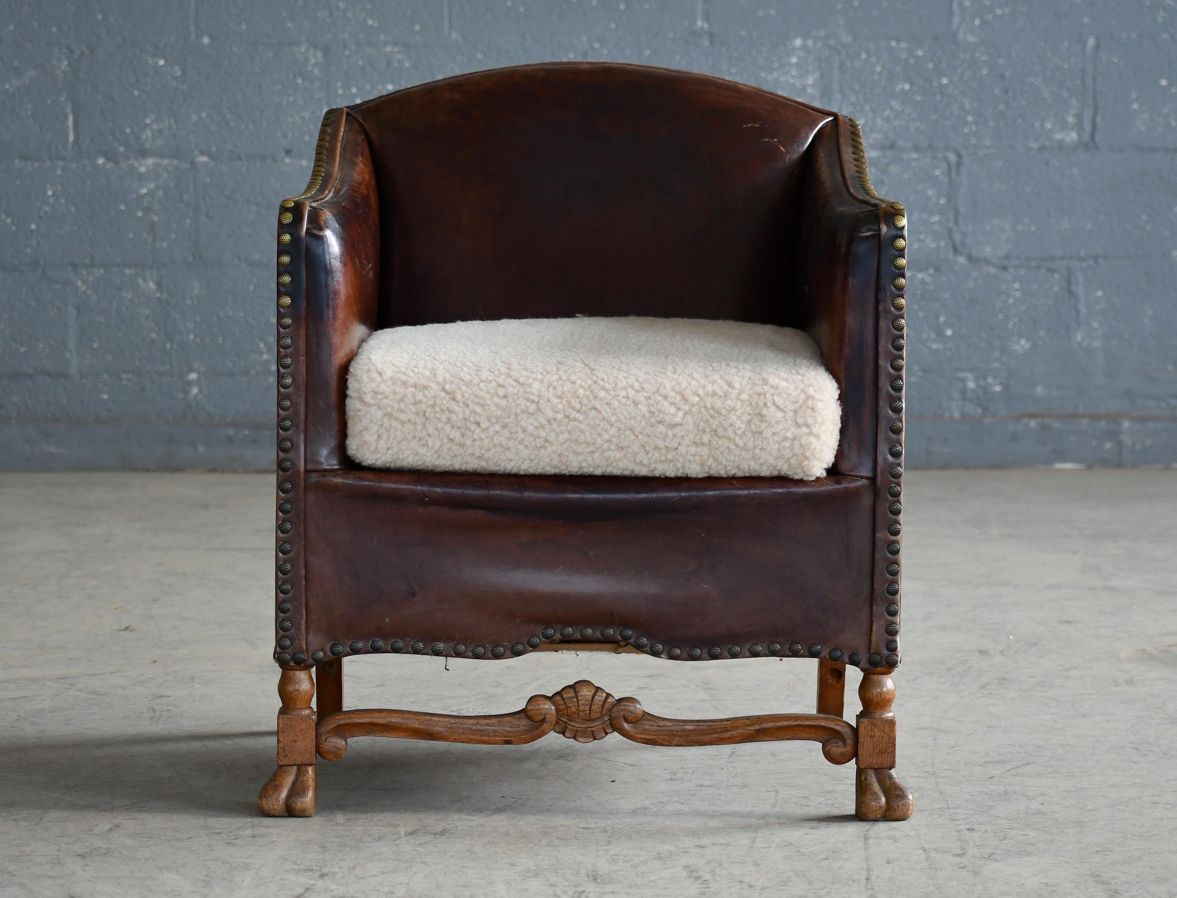 Mid-Century Modern 1940s Danish Small Club or Library Chair in Leather with Carved Legs For Sale