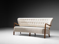 1940s Danish Sofa with Sculptural Frame in White Wool