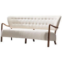 1940s Danish Sofa with Sculptural Frame in White Wool